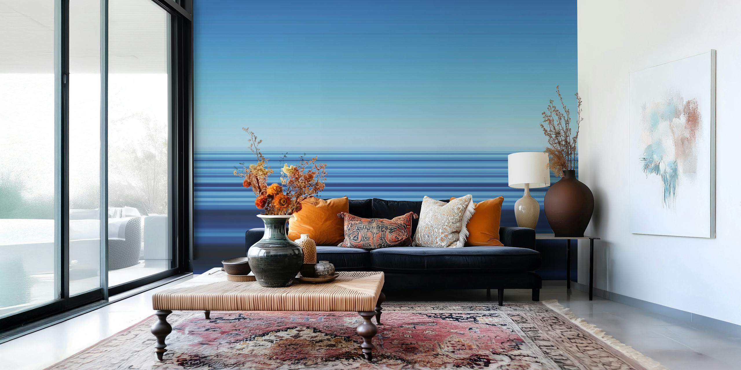 Abstract seascape wall mural with horizontal blue lines representing Playa des Ses Illetes