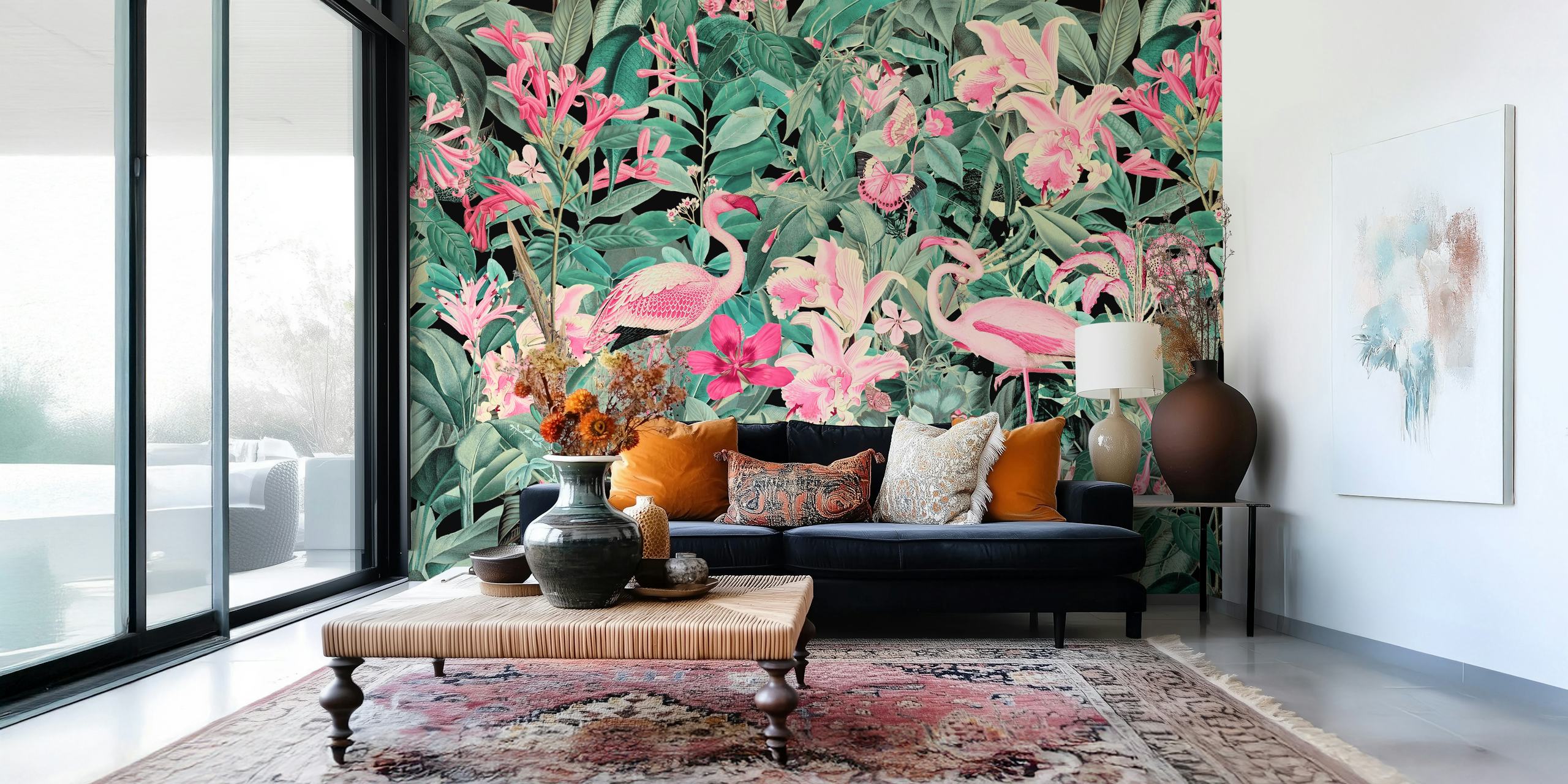 Pink flamingos among lush green leaves and flowers wallpaper