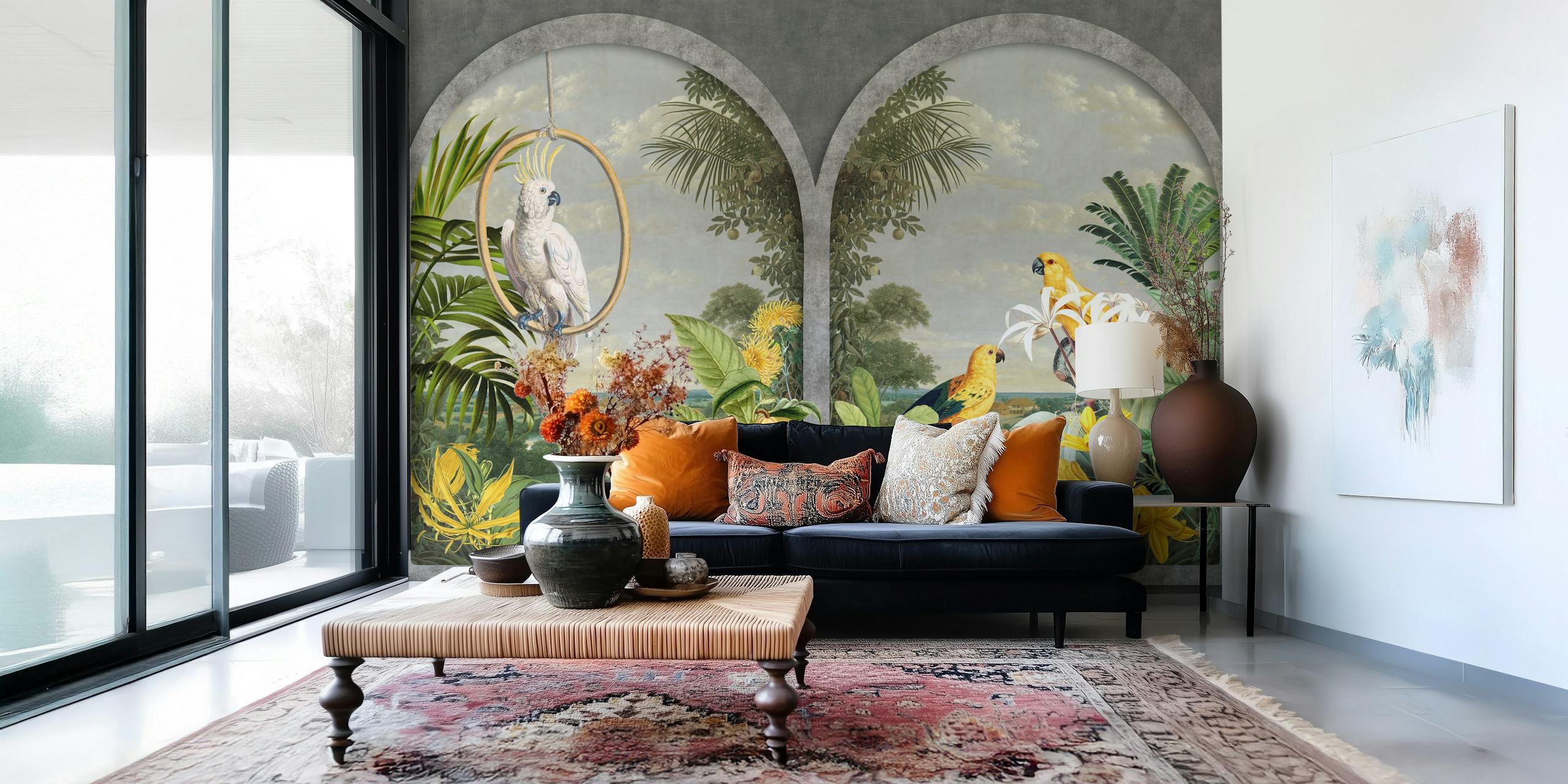 Two tropical birds amidst yellow flowers and green plants wallpaper