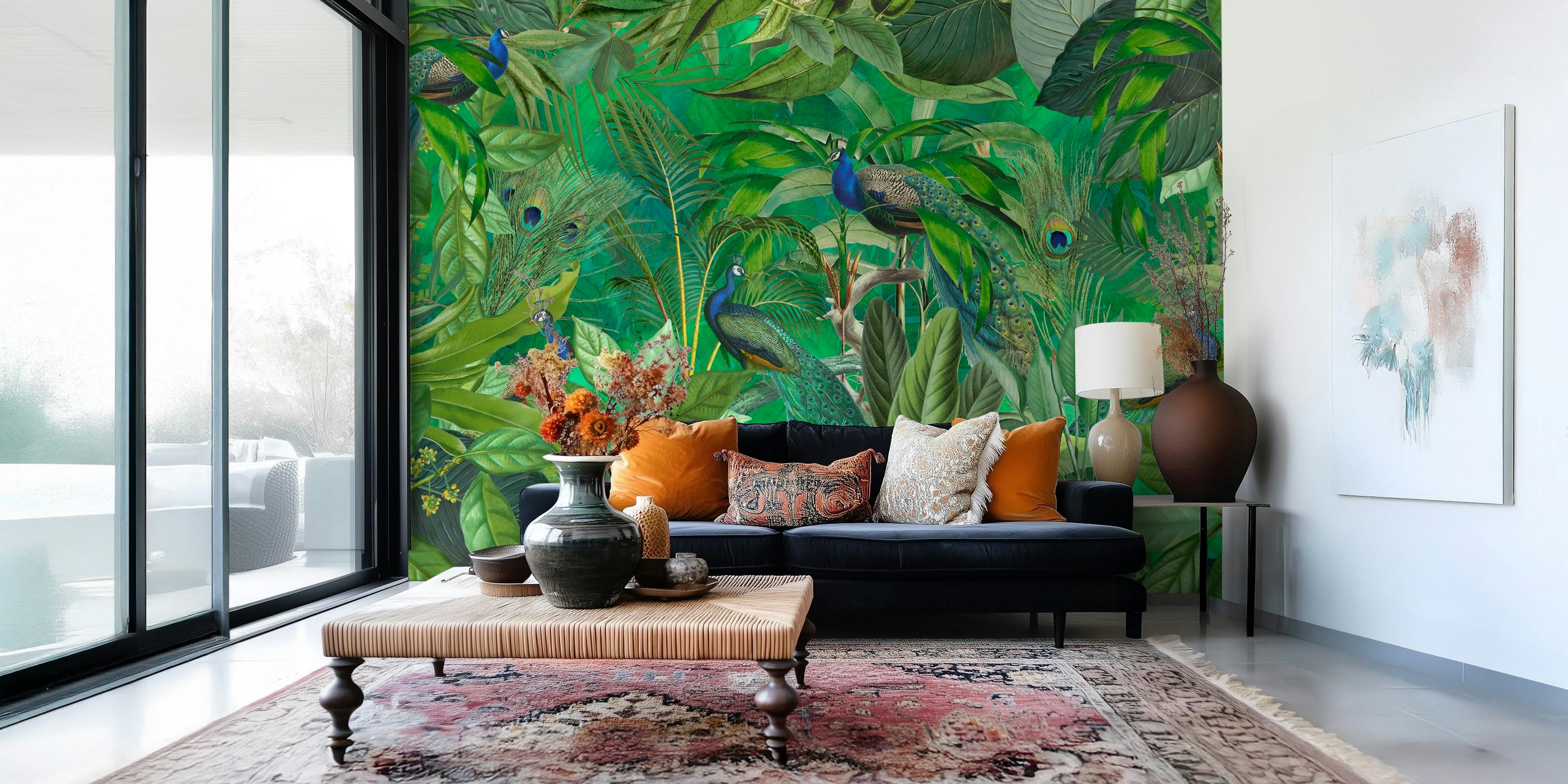 Papel de parede Peacocks Green Paradise em um quarto