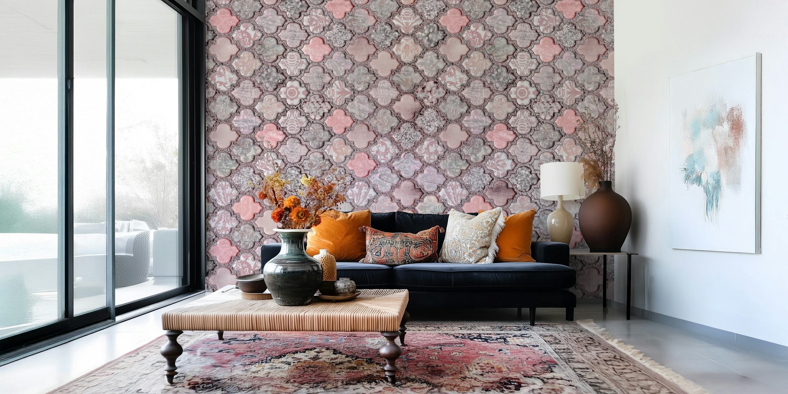 Vintage Moroccan Tiles Pink tapetti huoneessa