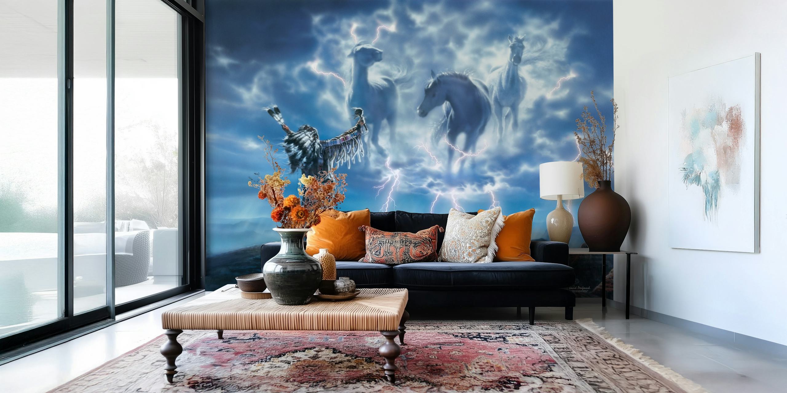 Native American figure with mystical horses in stormy clouds wallpaper