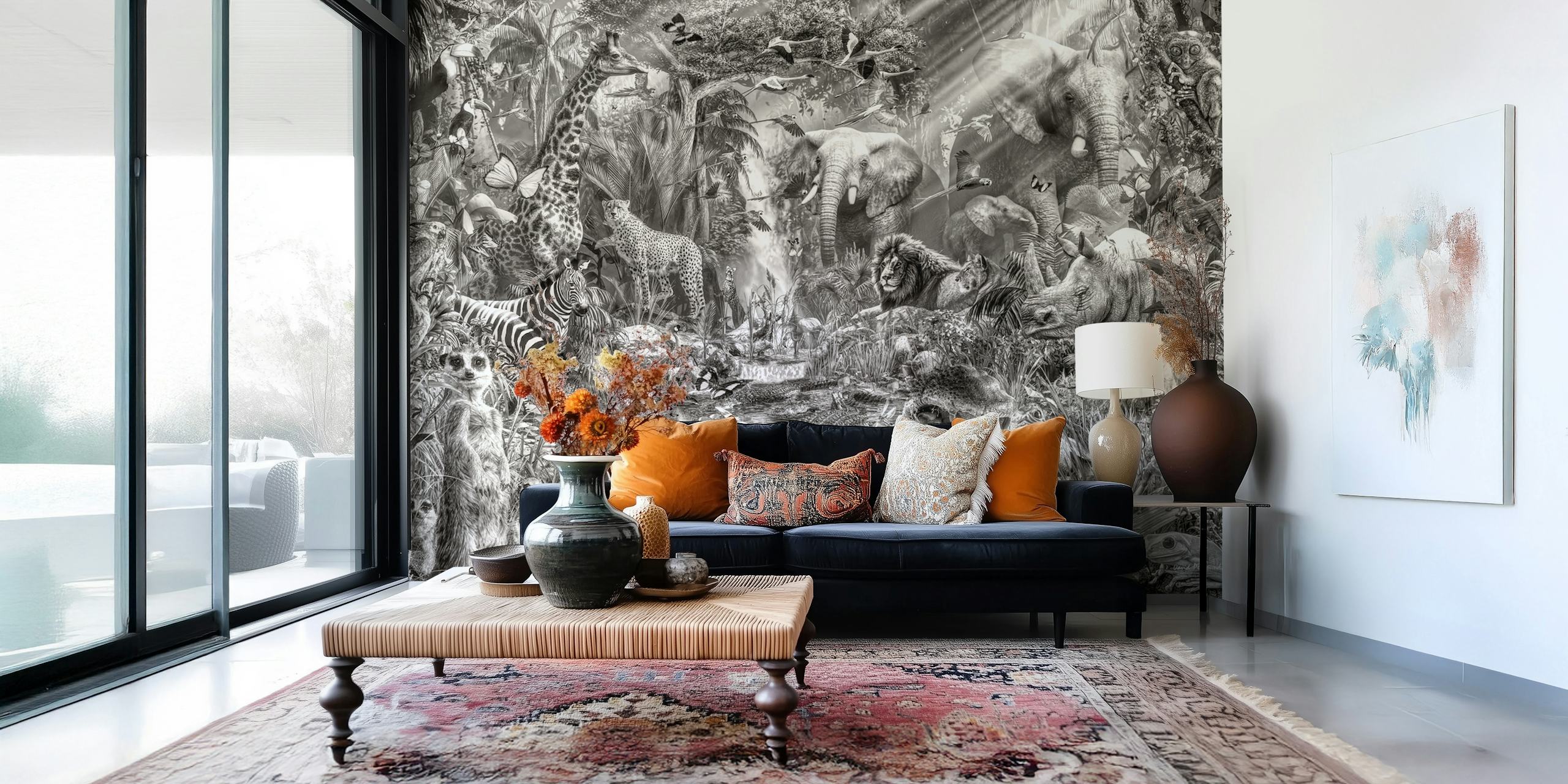 Jungle animal scene with elephants, lions, and zebras in black and white wallpaper