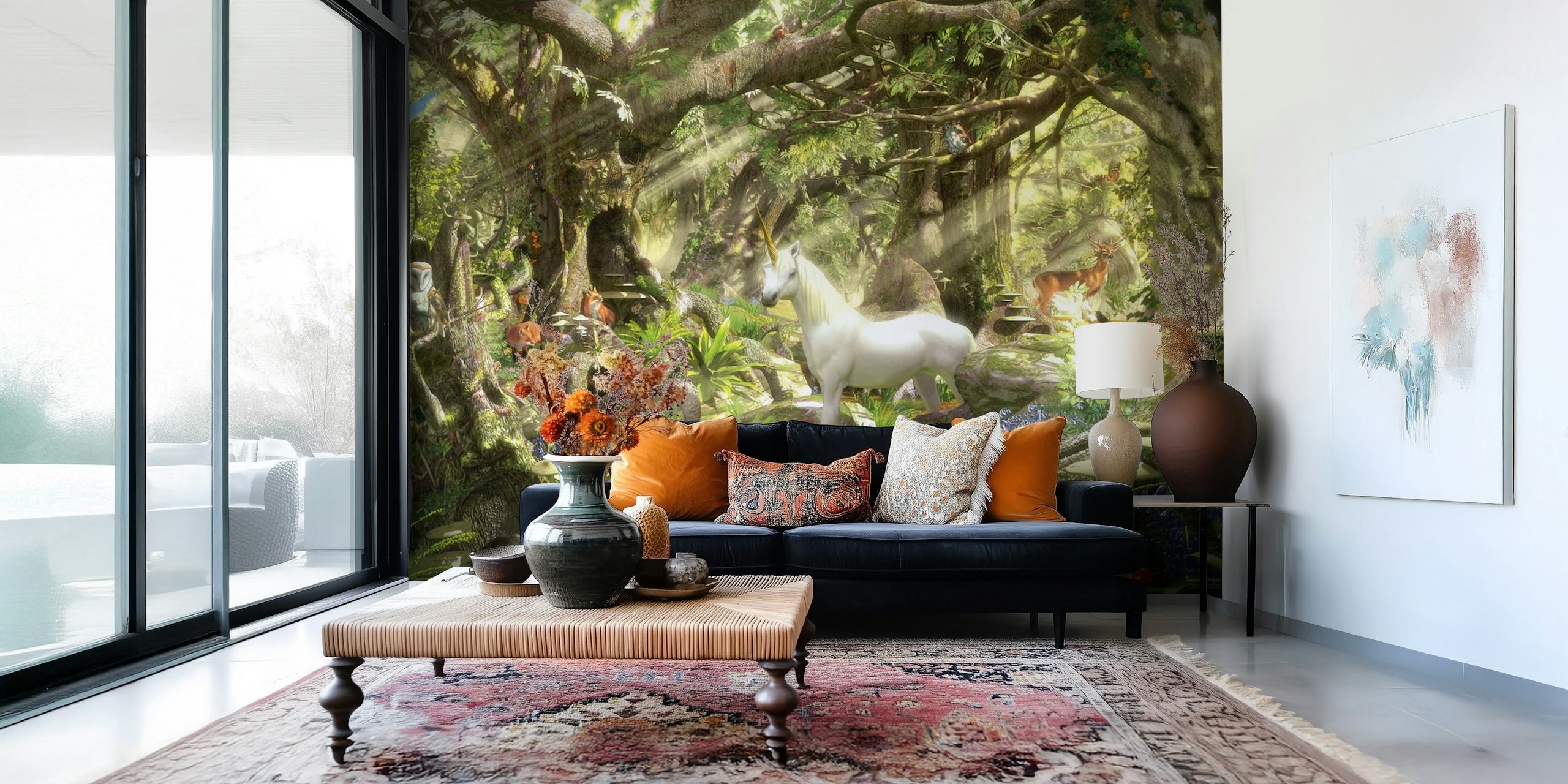 Ein Einhorn in einem magischen Wald mit bunten Blumen und Tieren, Fantasy-Stil Wallpaper