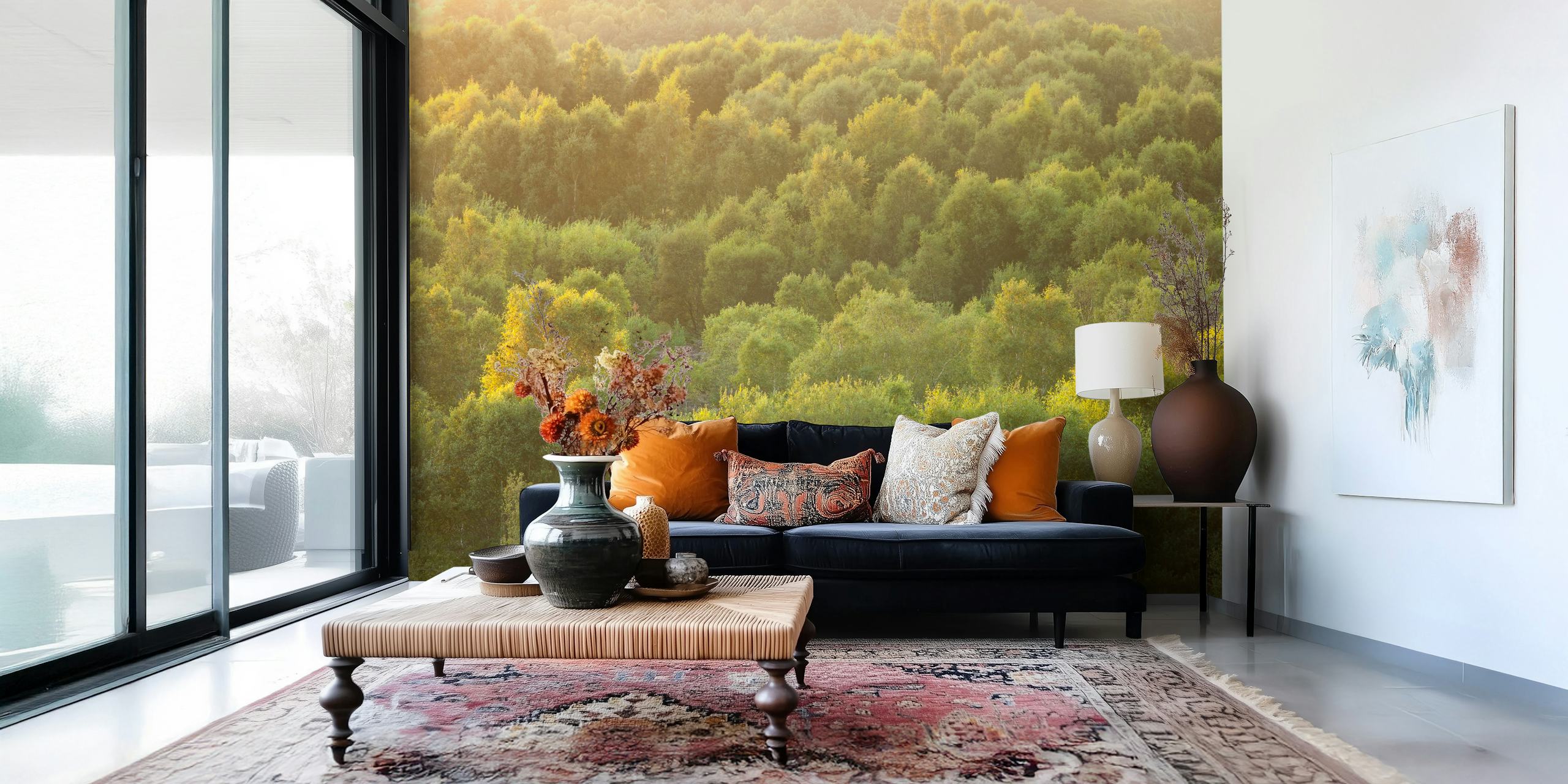Lush green trees under soft sunlight wallpaper