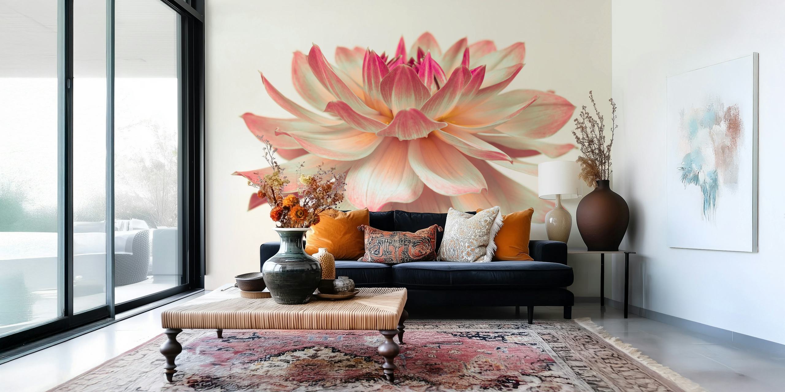 Pink dahlia flower wallpaper with soft petals on white background