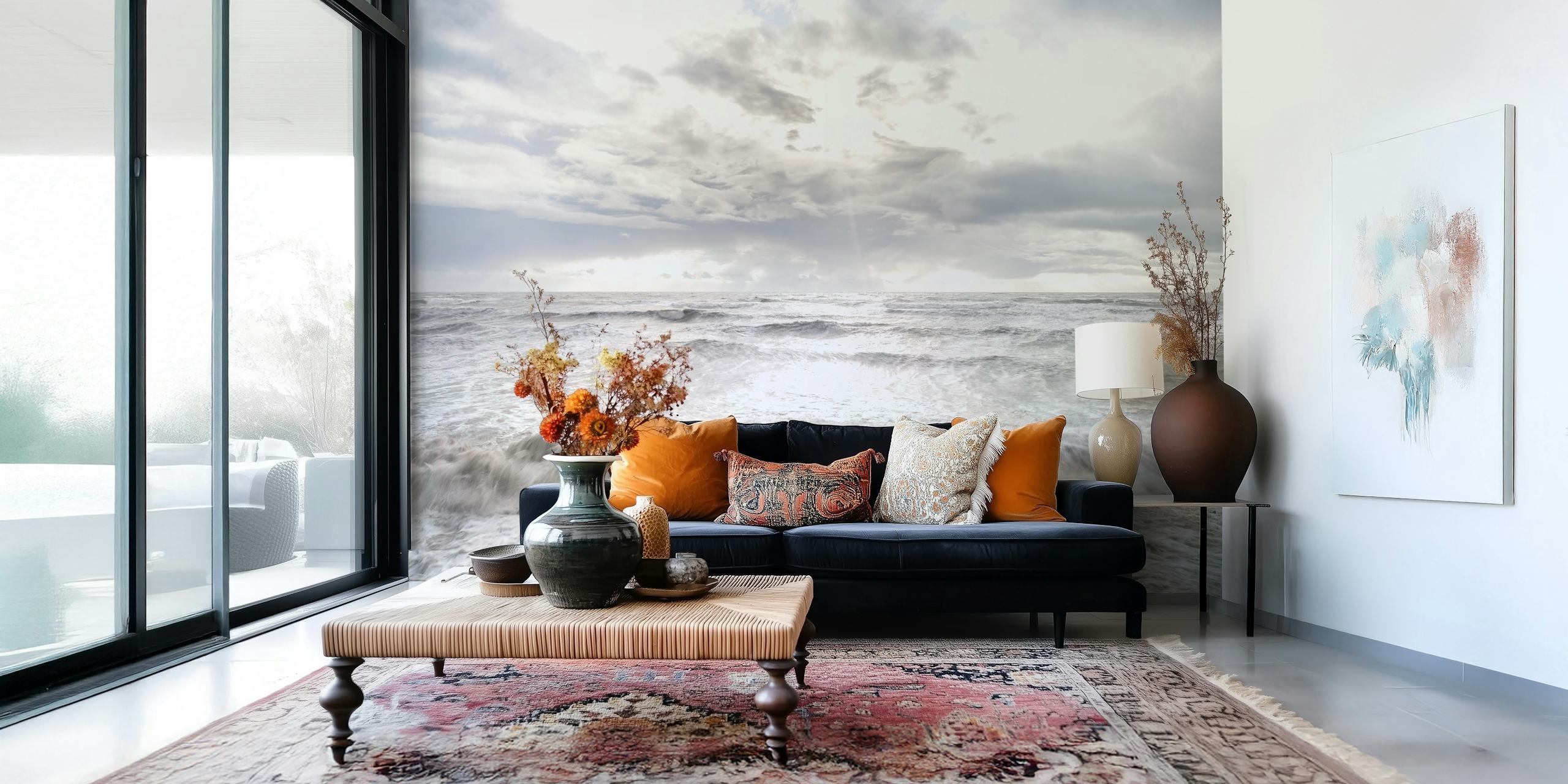 Rough waves and cloudy sky in shades of gray and blue wallpaper