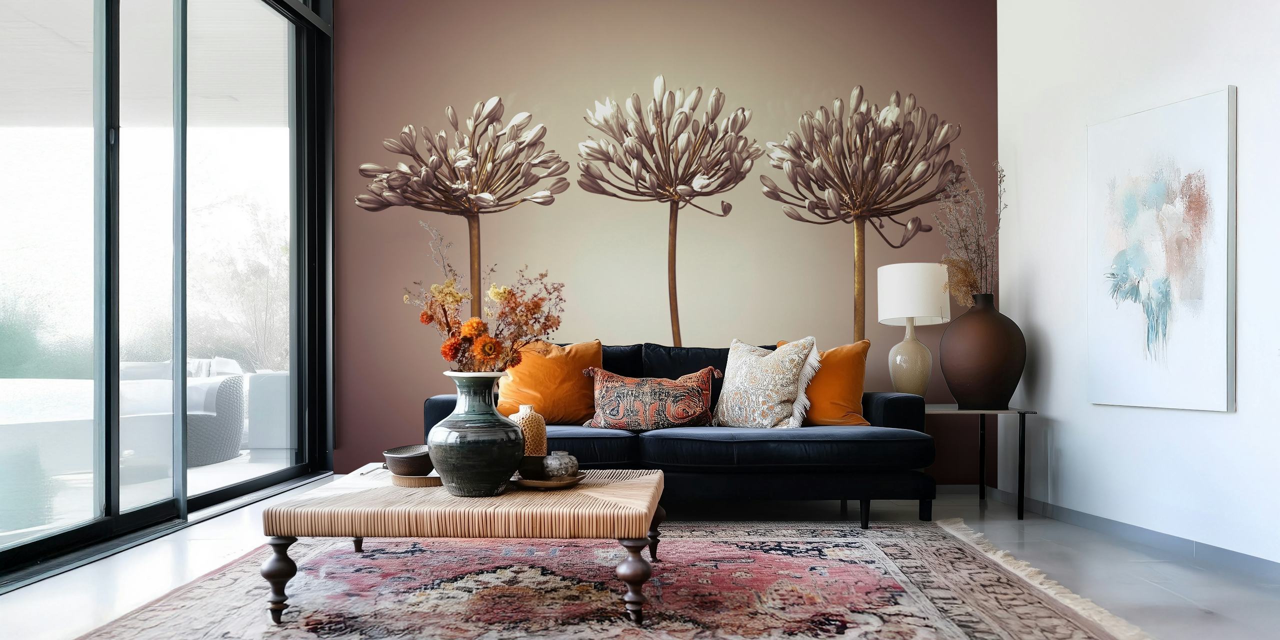 Three stylized African Lilies wall mural in a monochrome palette