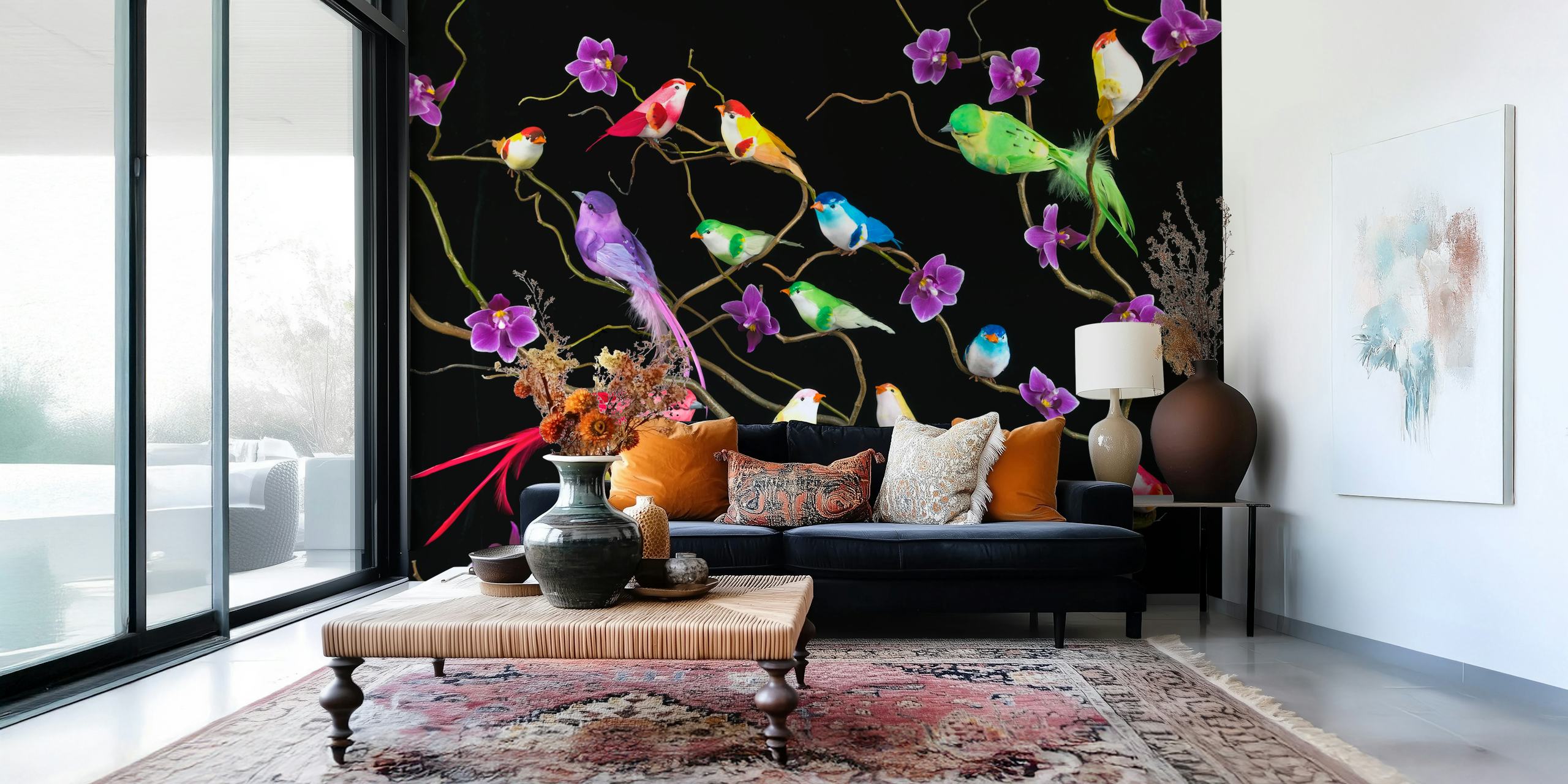 Μια πολύχρωμη τοιχογραφία με fake birds sitting on branches και μωβ λουλούδια σε σκοτεινό φόντο.