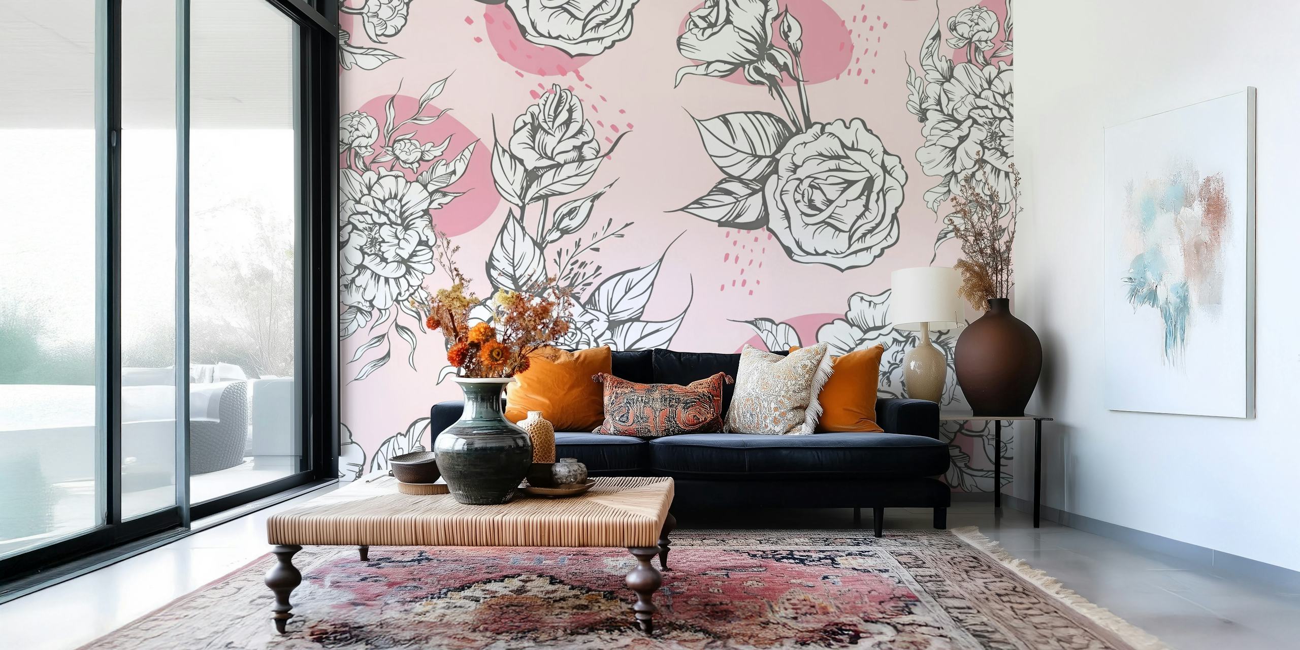 Elegant white peonies with detailed sketches over a pastel pink background wall mural.