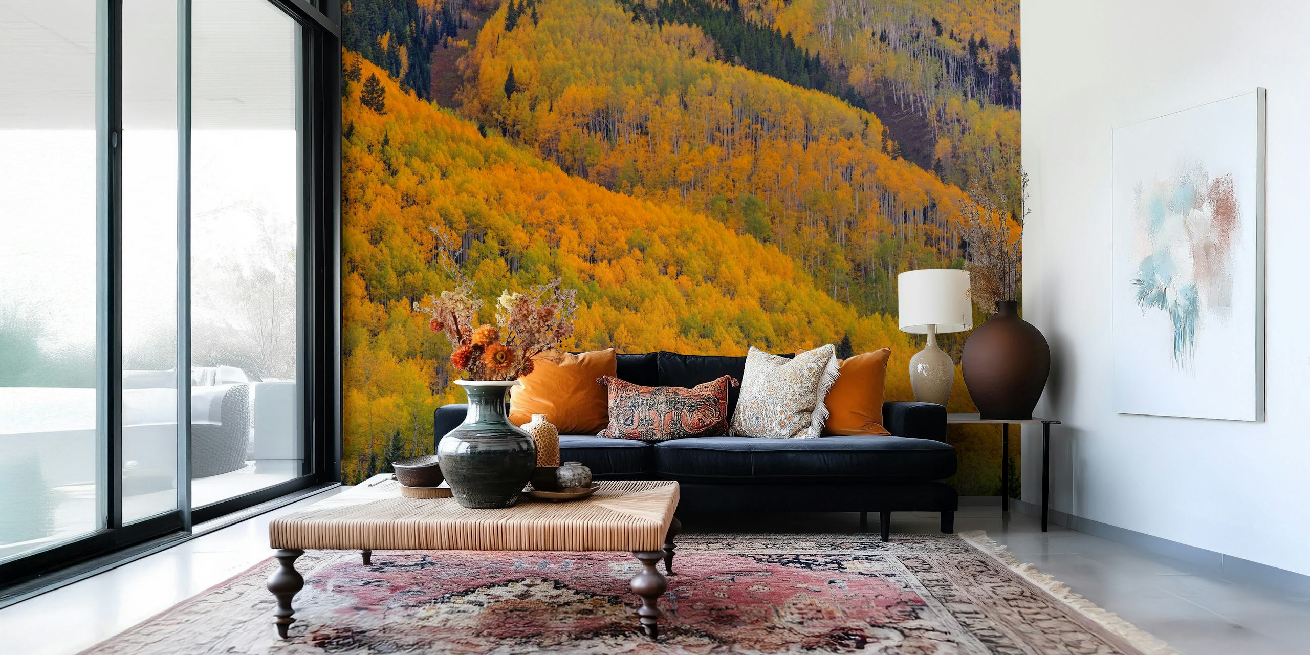 Colorful autumn leaves and trees in shades of orange, yellow, and green wallpaper
