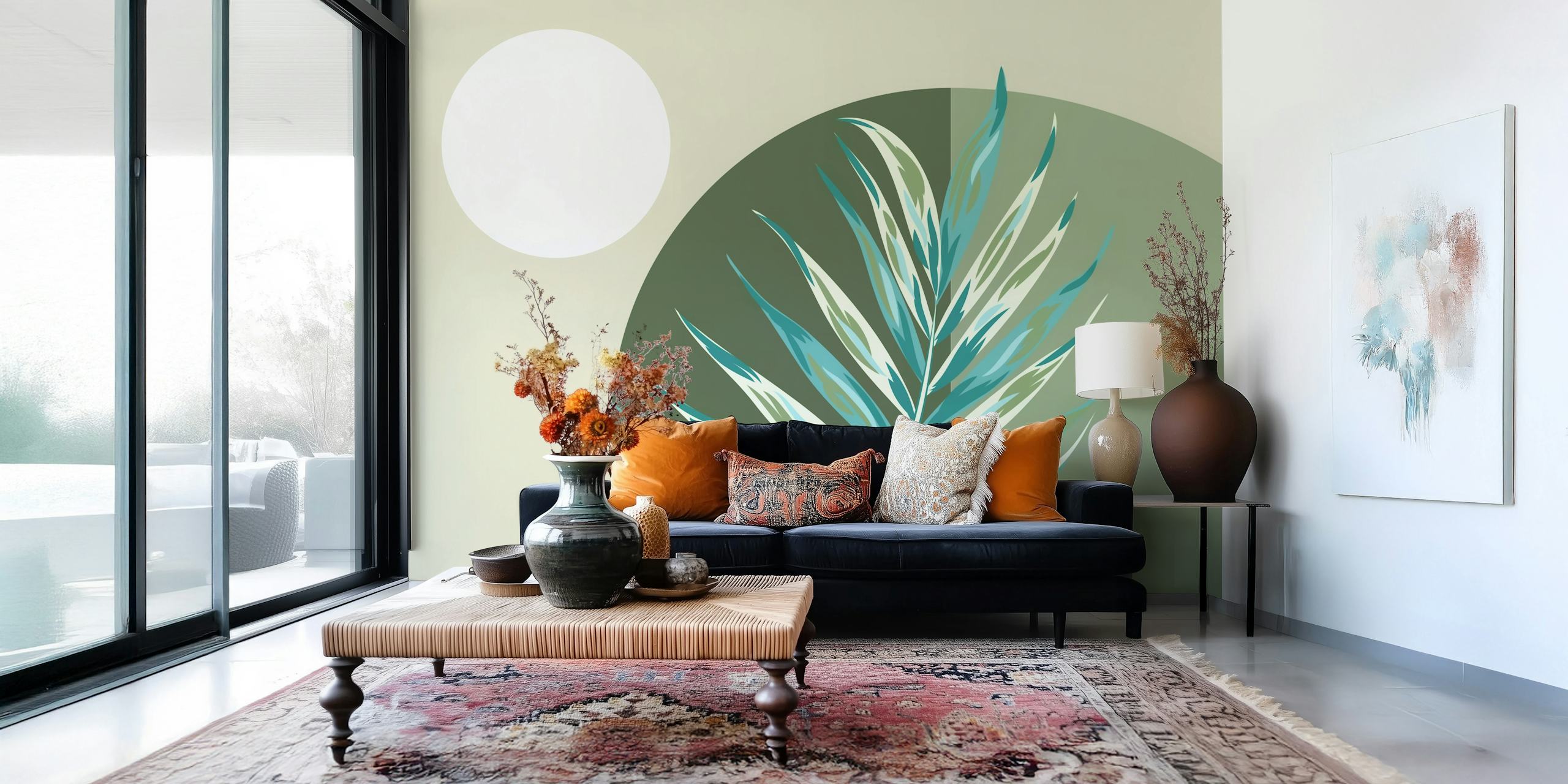 Moon and palm wallpaper displayed in a room