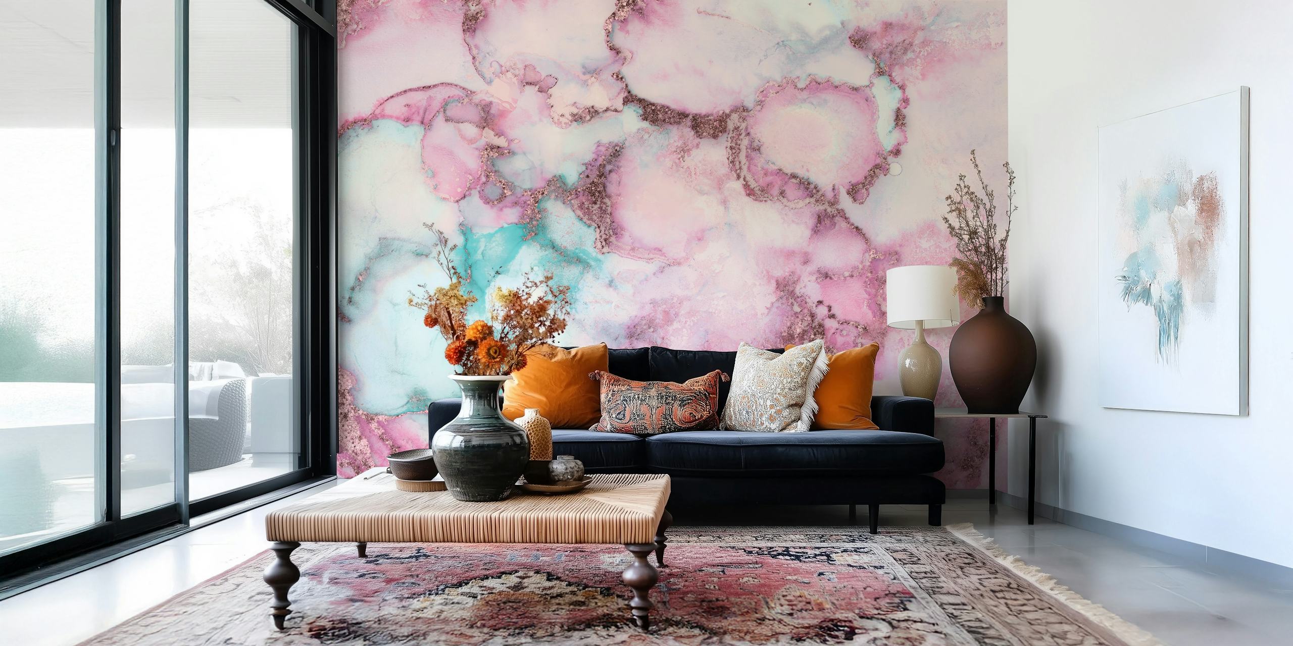 Alcohol Ink Art Teal Pink τοίχου με αφηρημένα σπειροειδή σχέδια