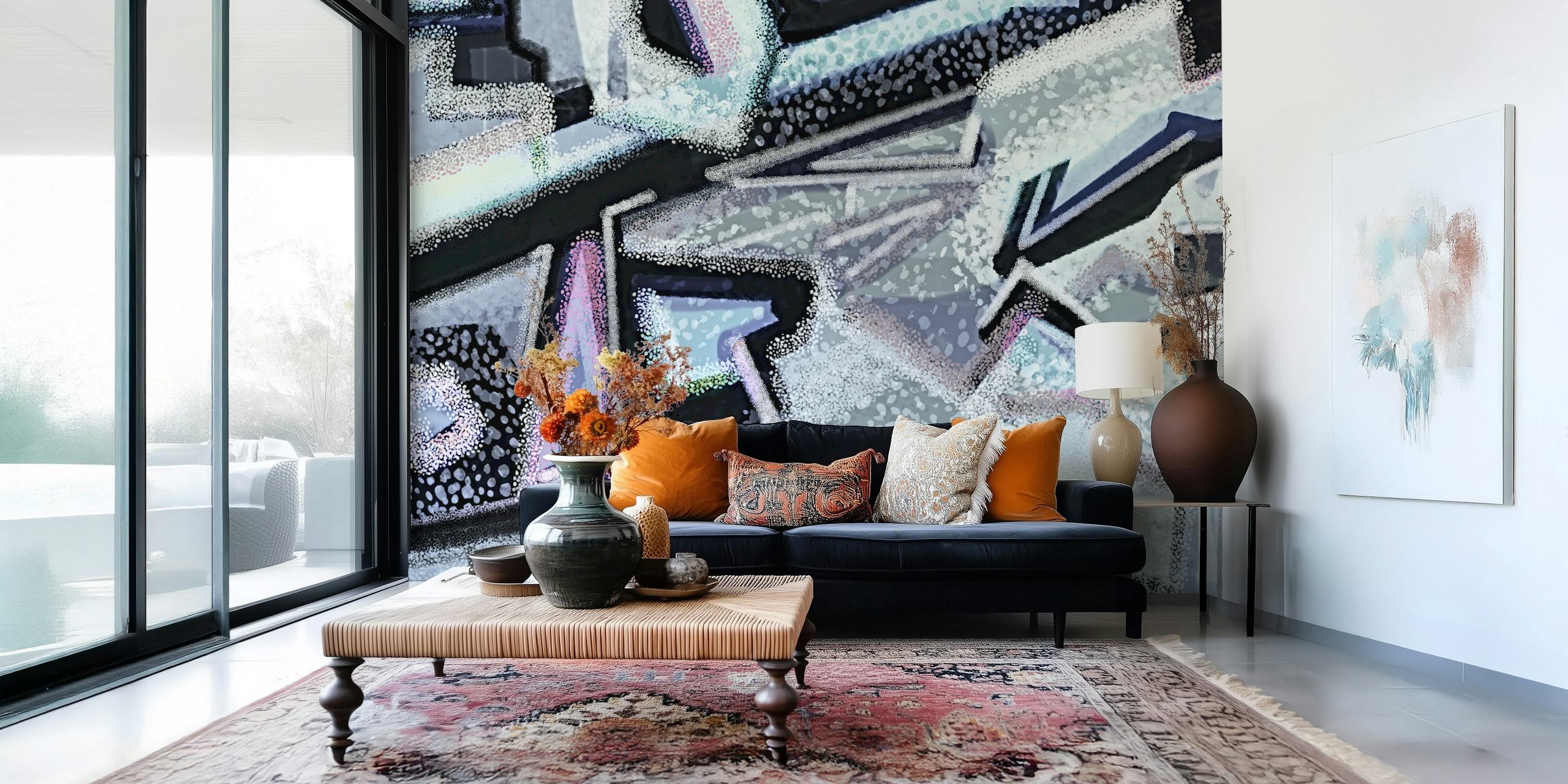 Urban geometric graffiti art wallpaper in a room