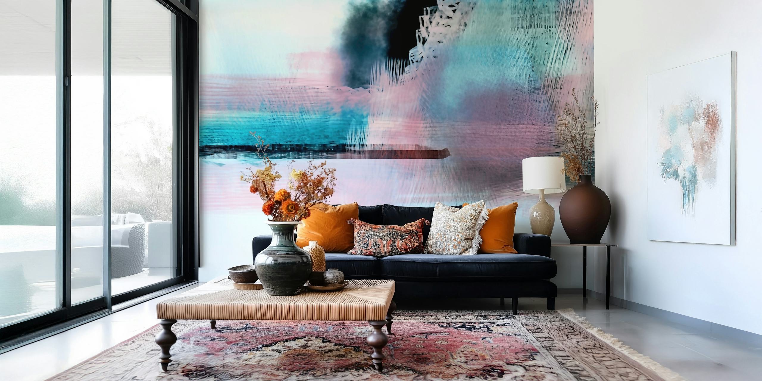 Abstract brush strokes in pink, blue, and white colors wallpaper