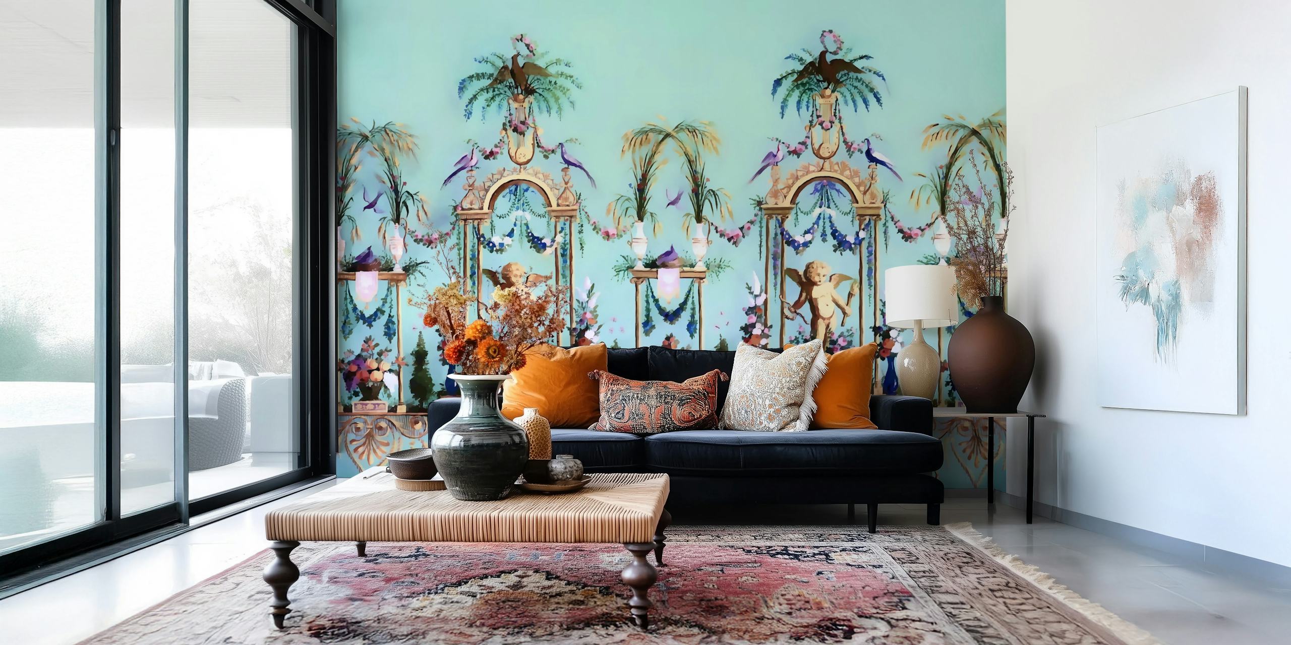 Renaissance floral wallpaper with blue background and statues