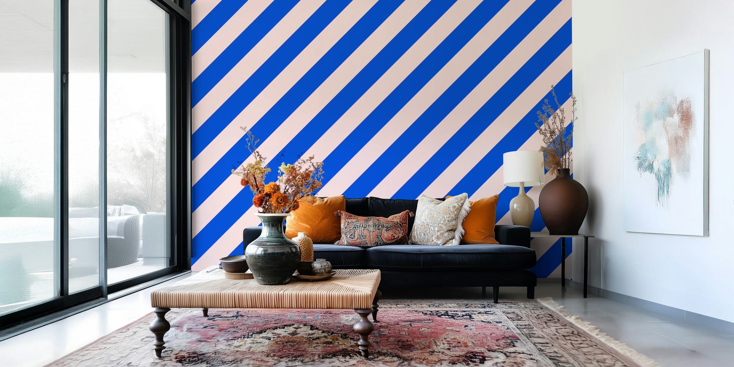 Diagonal stripes in pink and blue on a wallpaper design
