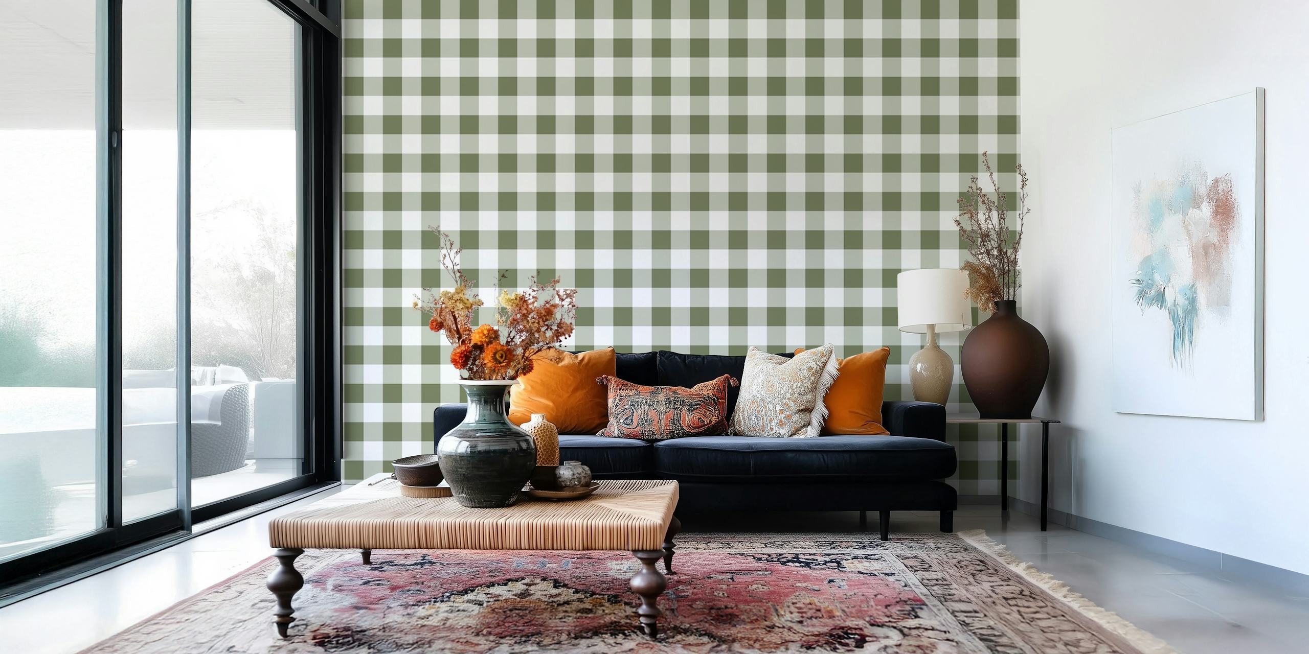 Green and white gingham check pattern wallpaper