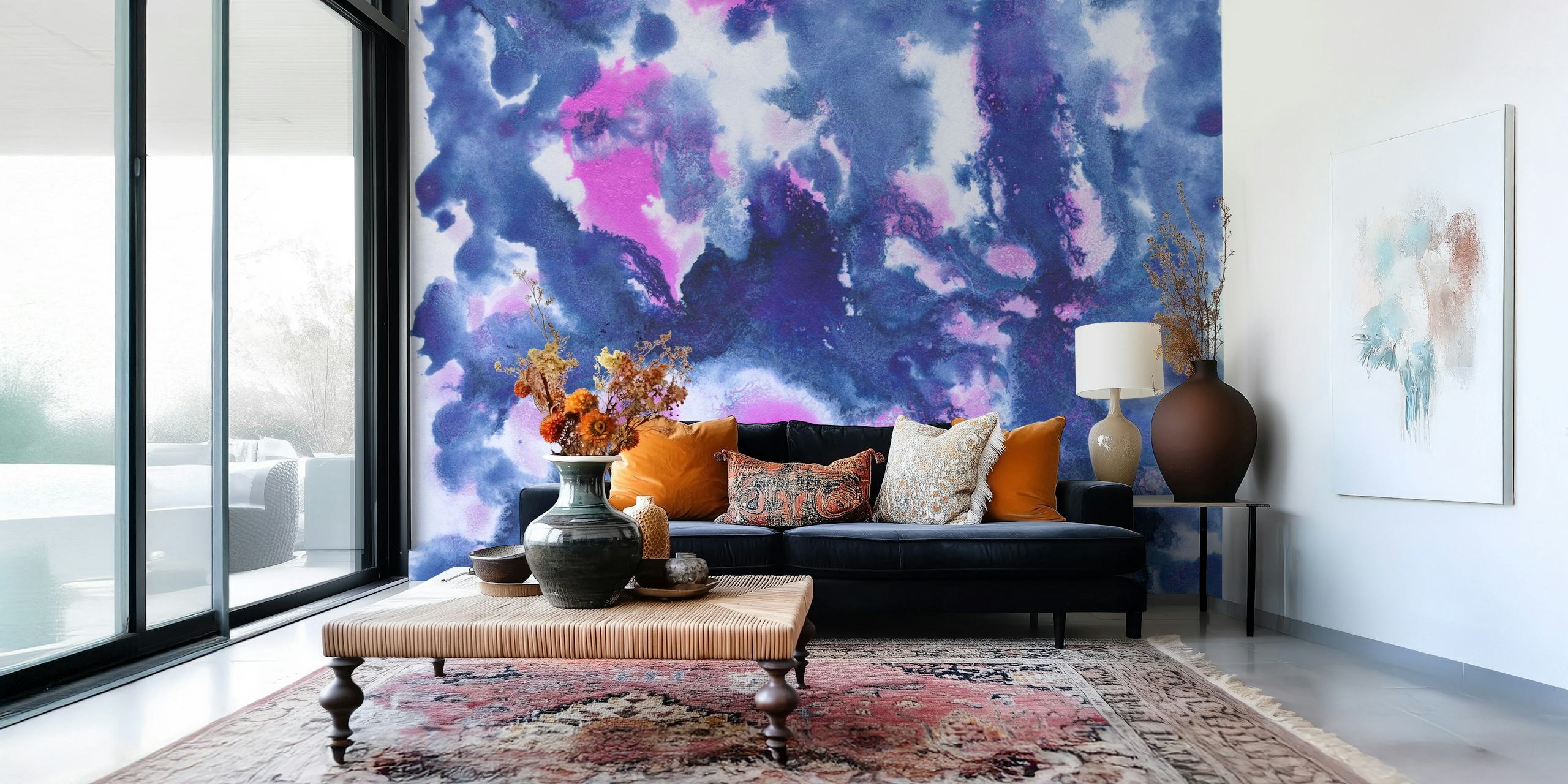 Blue pink abstract wallpaper in a room