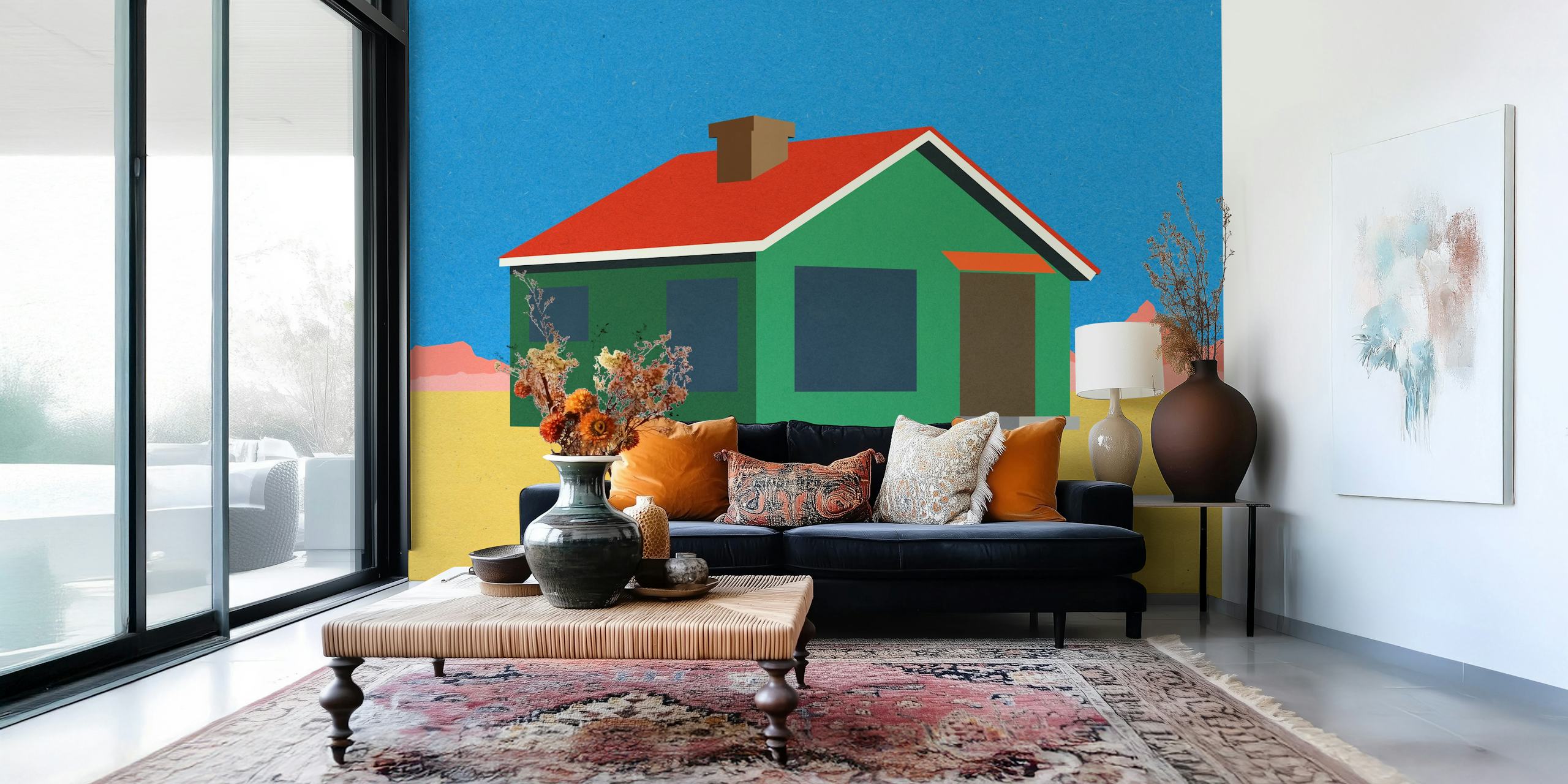 Colorful house design with green walls and red roof against a blue sky wallpaper