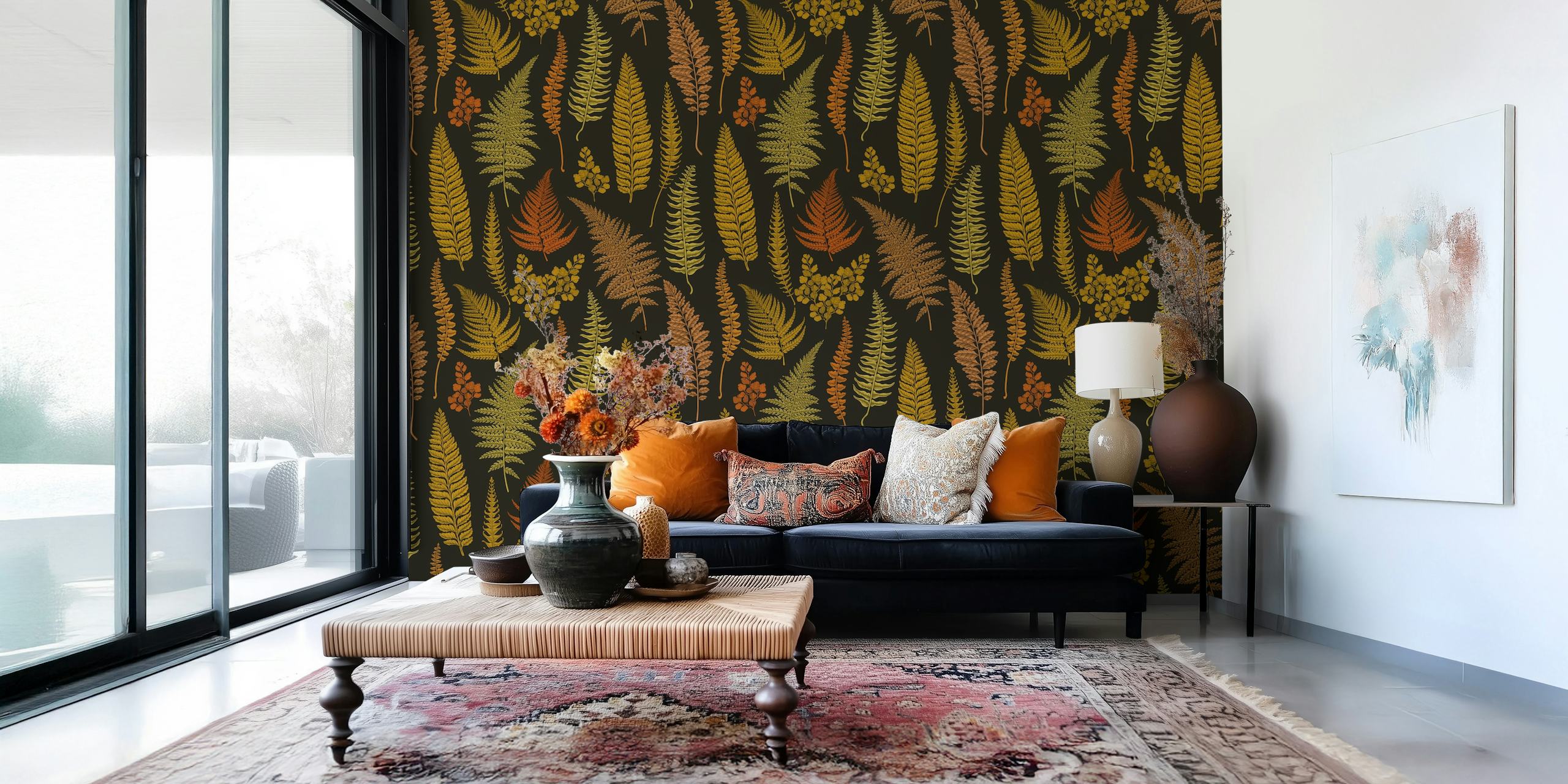 Autumn fern patterned wall mural with brown background