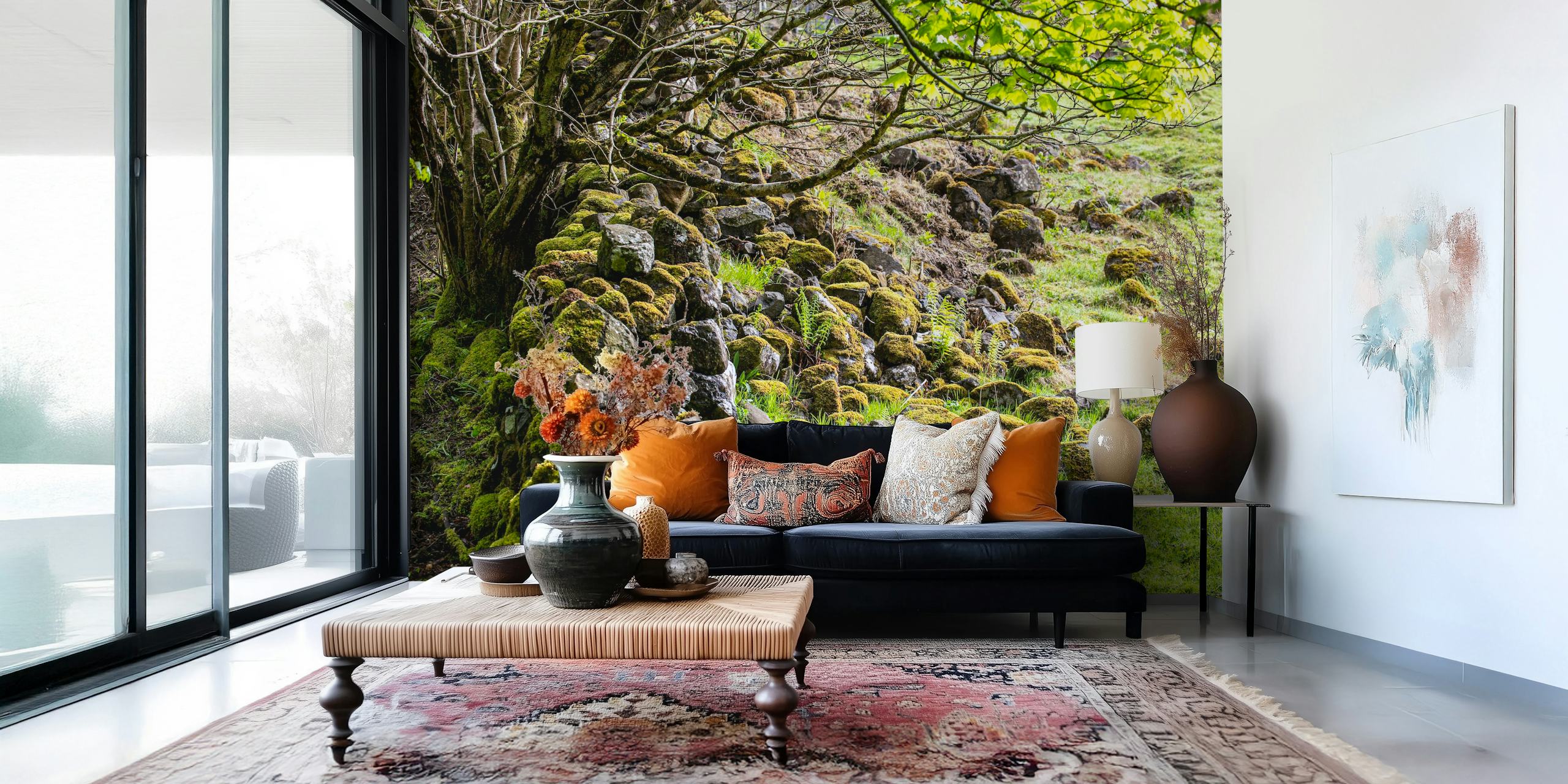 Mossy stones with green foliage in a Scottish forest wallpaper