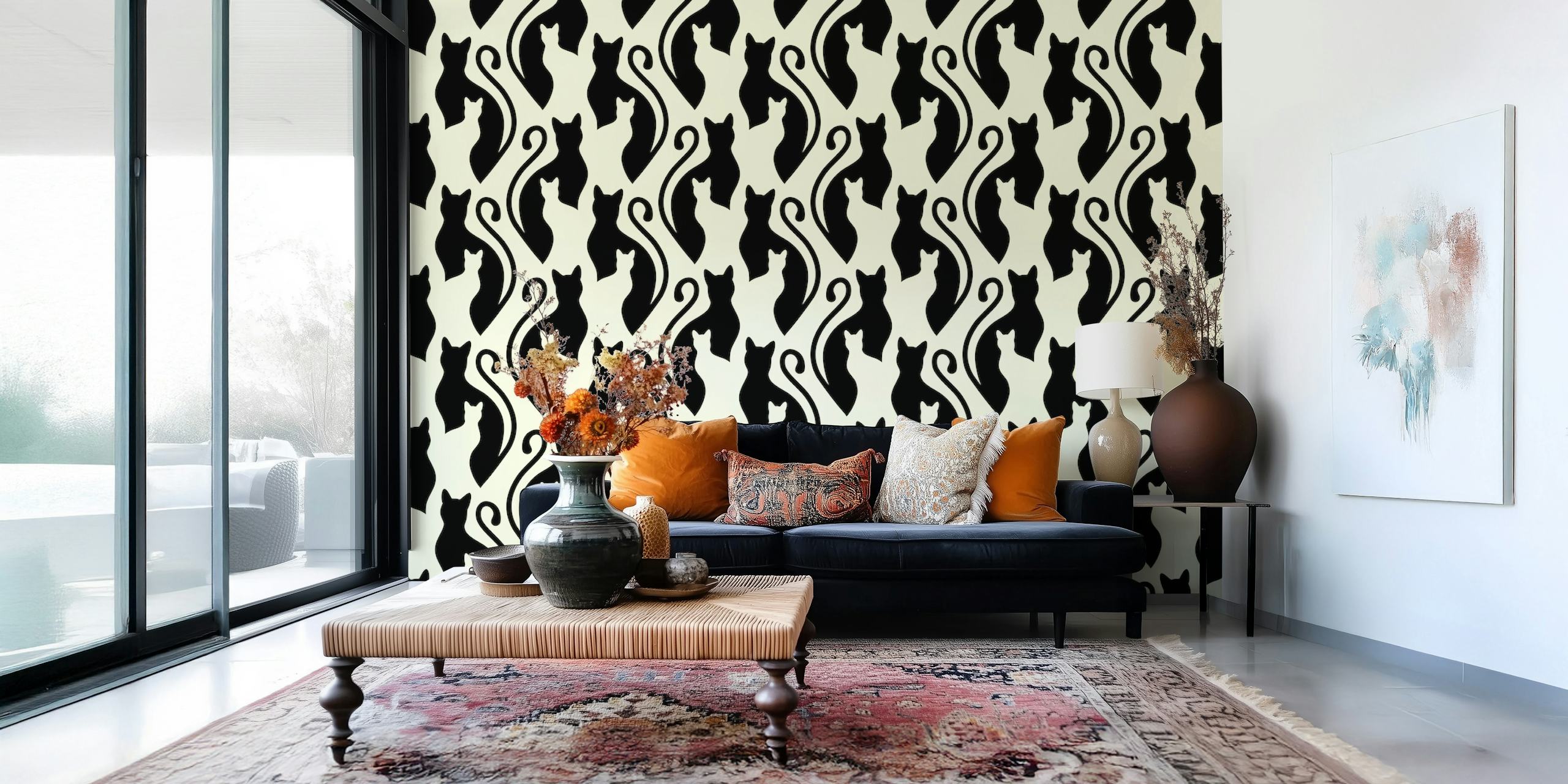 Black cat silhouettes against cream background wallpaper