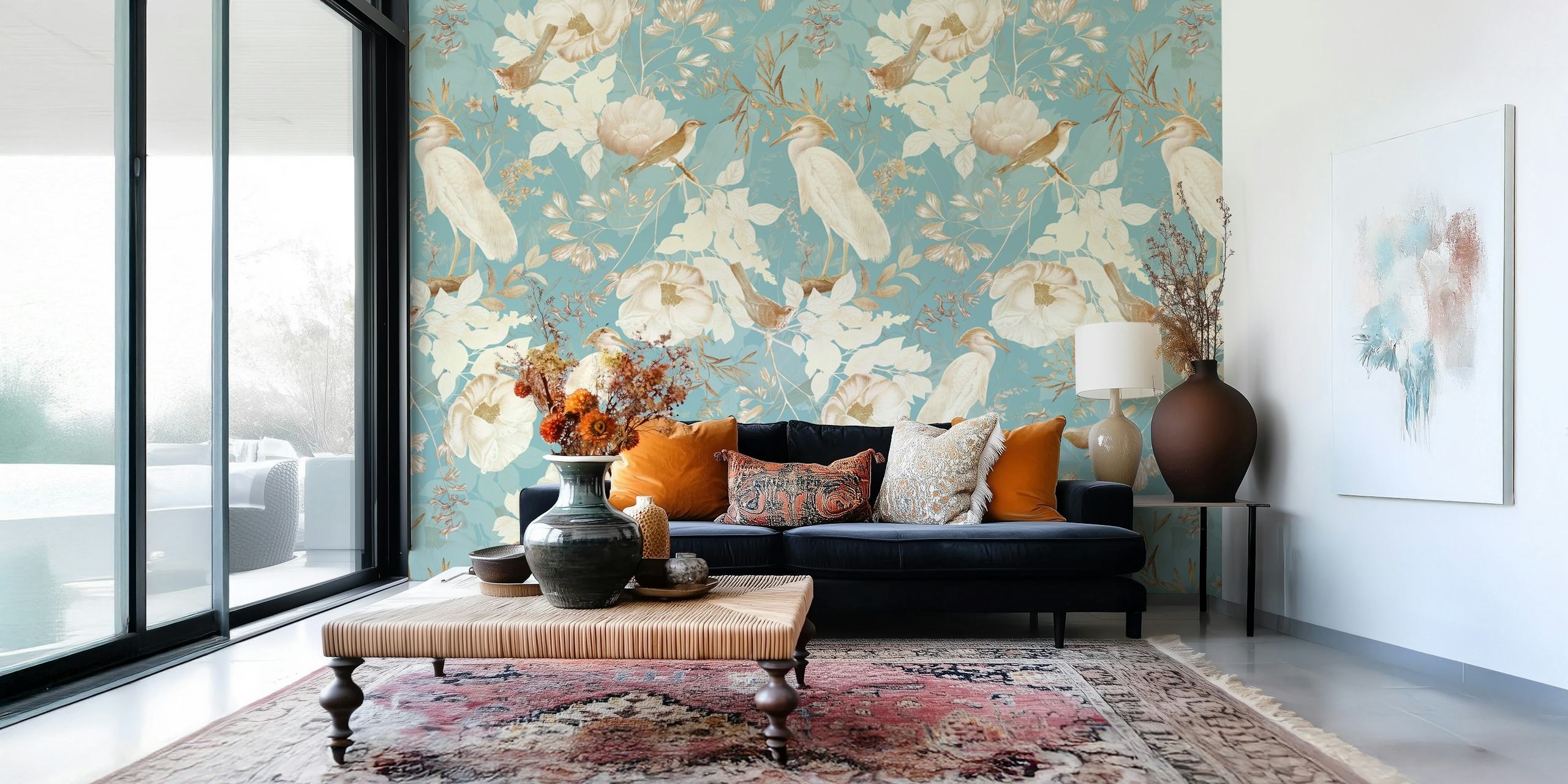 Vintage floral design with exotic birds and soft colors wallpaper