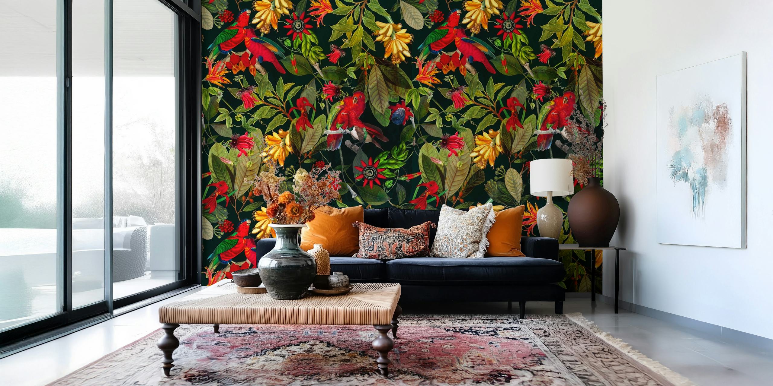 Vintage jungle wallpaper featuring colorful parrots, flowers, and leaves on a dark background
