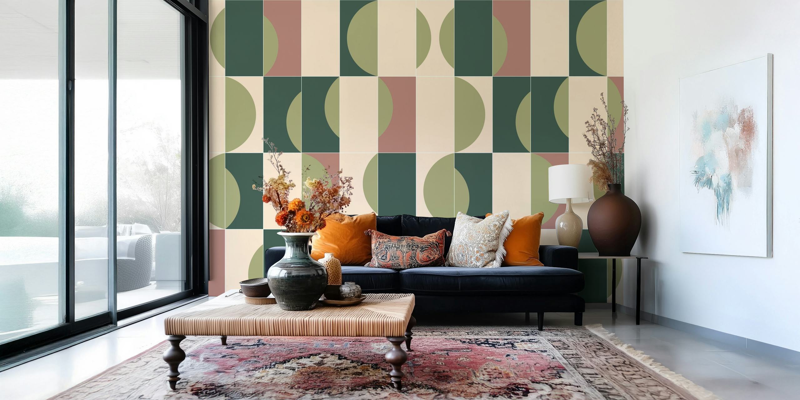 Geometric patterns in green, pink, and cream wallpaper