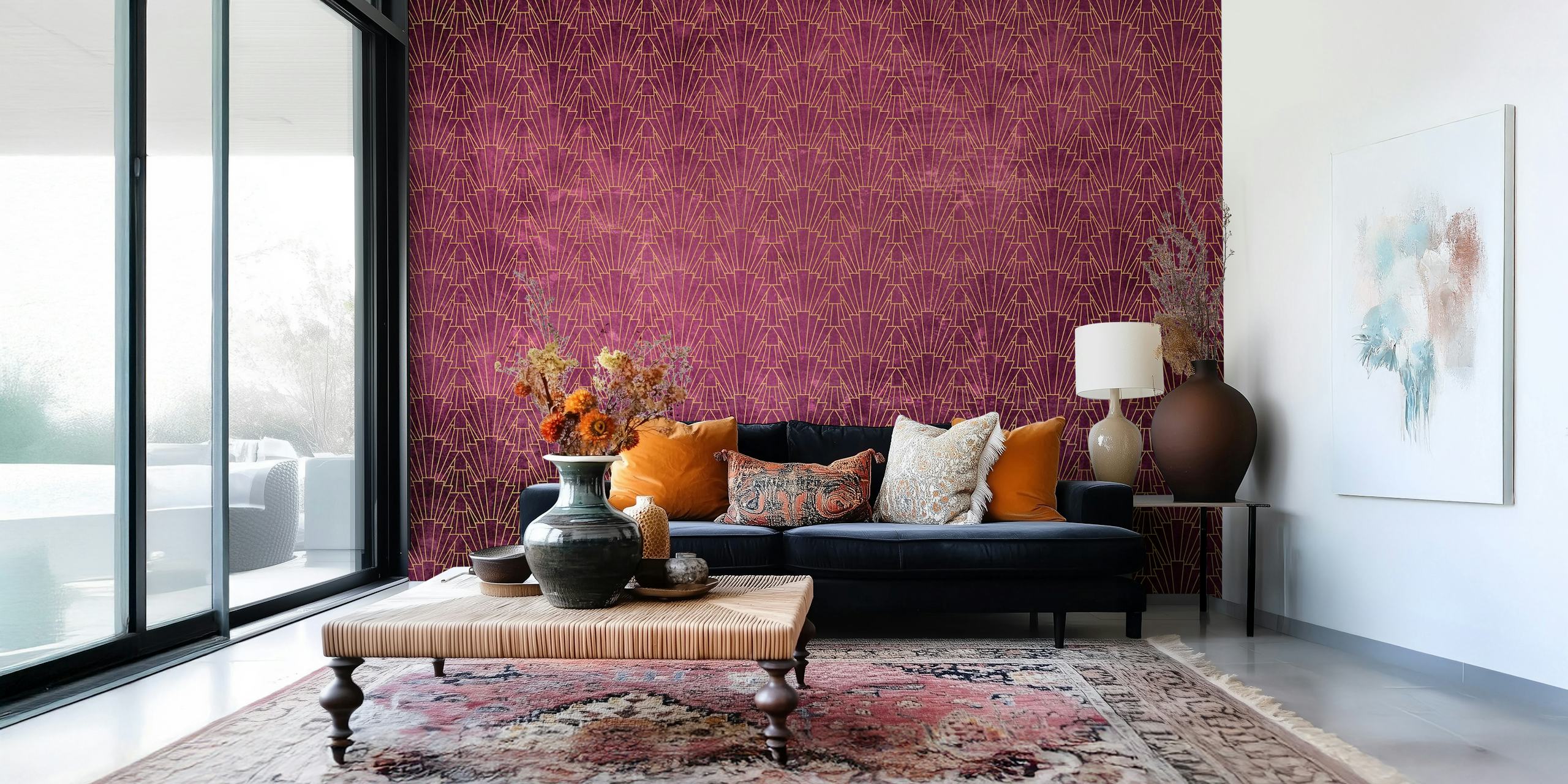 Papier peint Art Deco Wall Burgundy dans une pièce