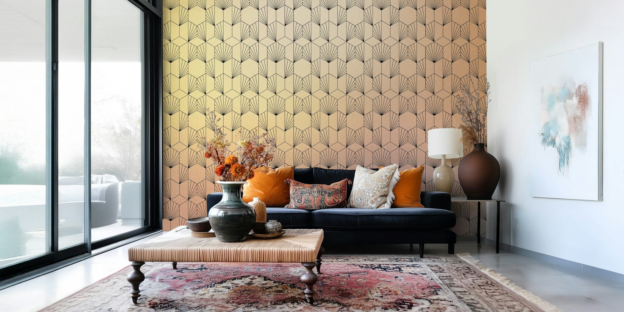 Papier peint mural dégradé hexagonal de style Art Déco dans des tons dorés et terreux