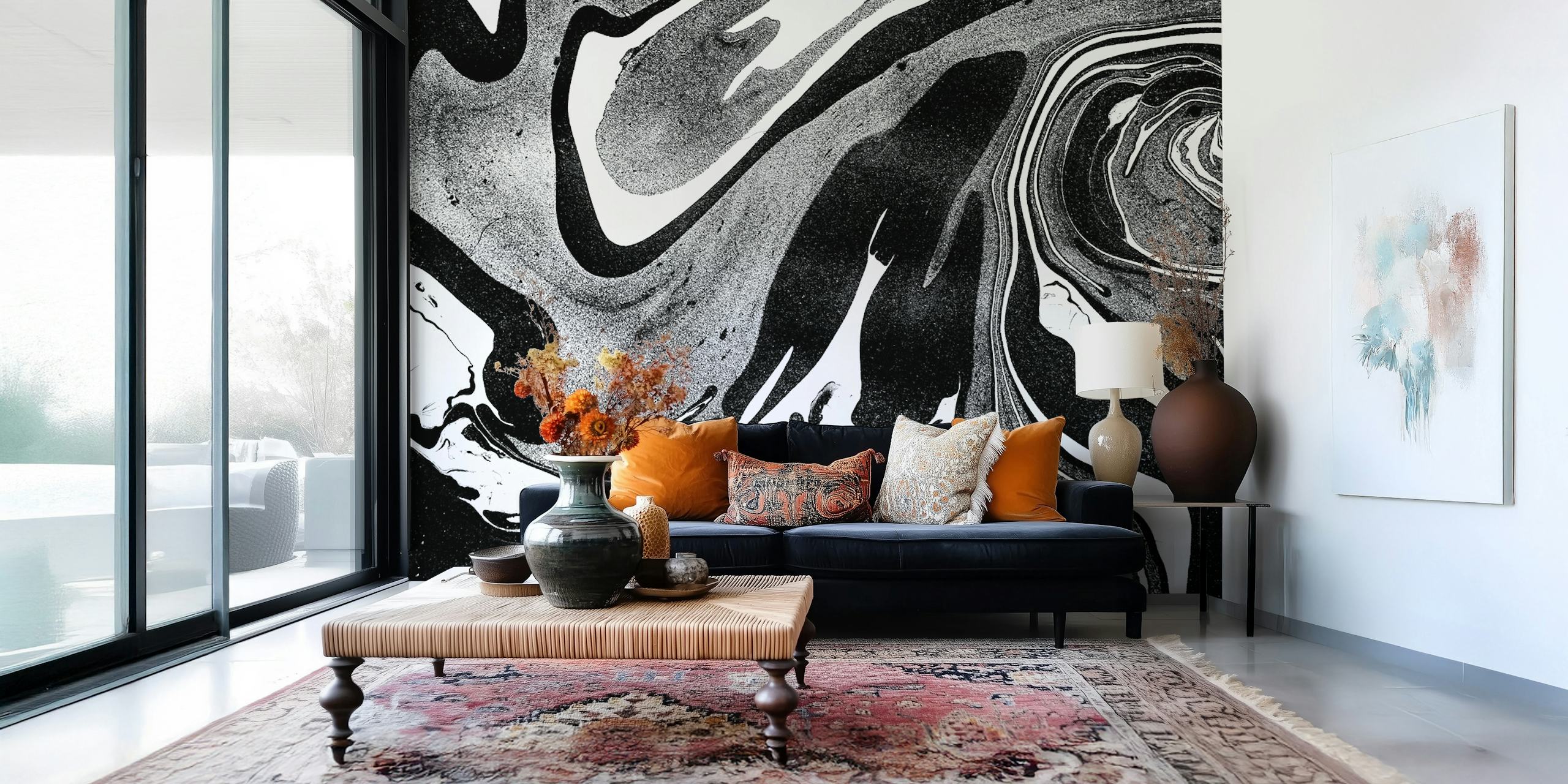 Abstract black and white swirling marble pattern wallpaper
