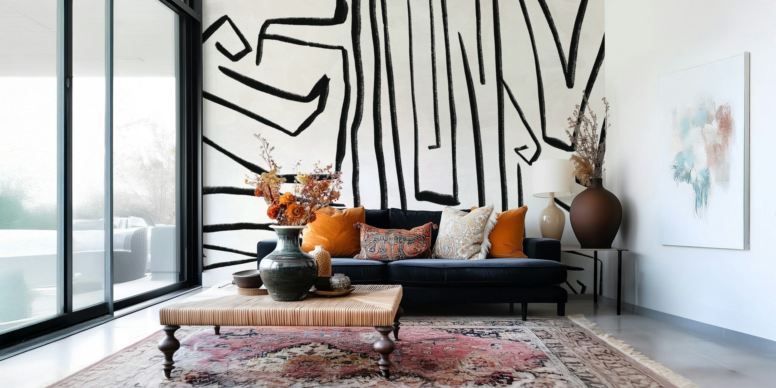 Abstrakt veggmaleri med svarte og hvite linjer, Modern Improvisation 02