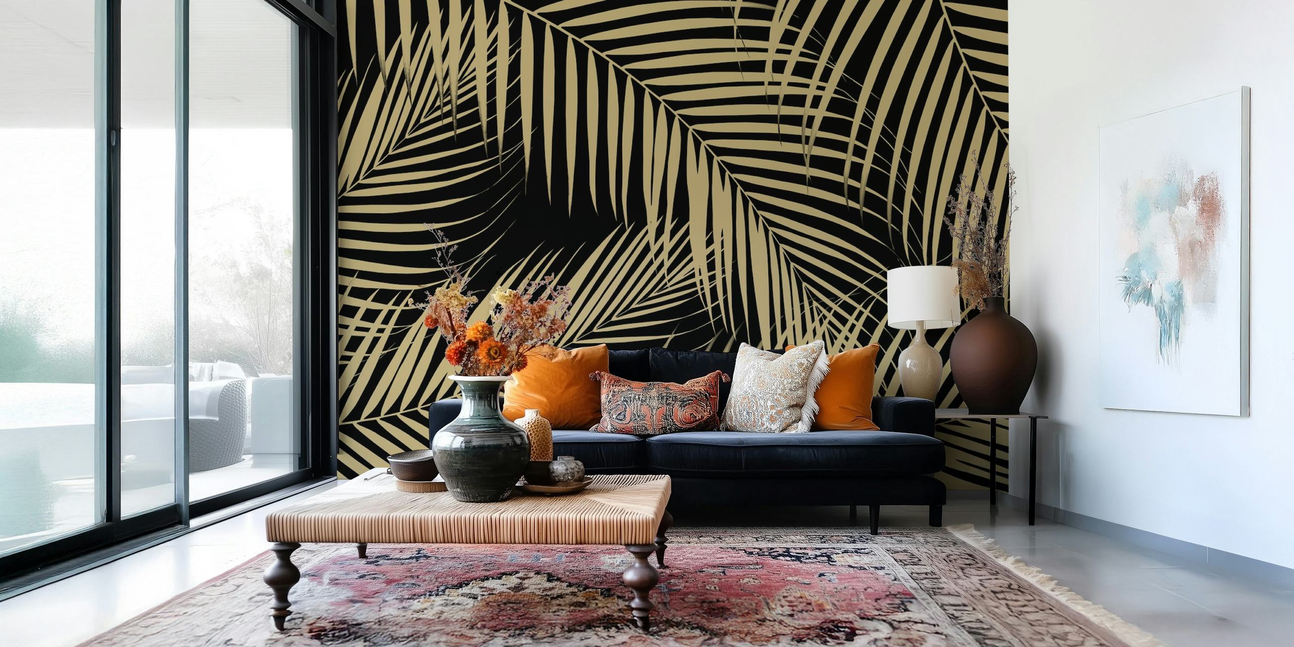 Gold and black palm leaf pattern wall mural presenting a chic and contemporary California-inspired aesthetic.