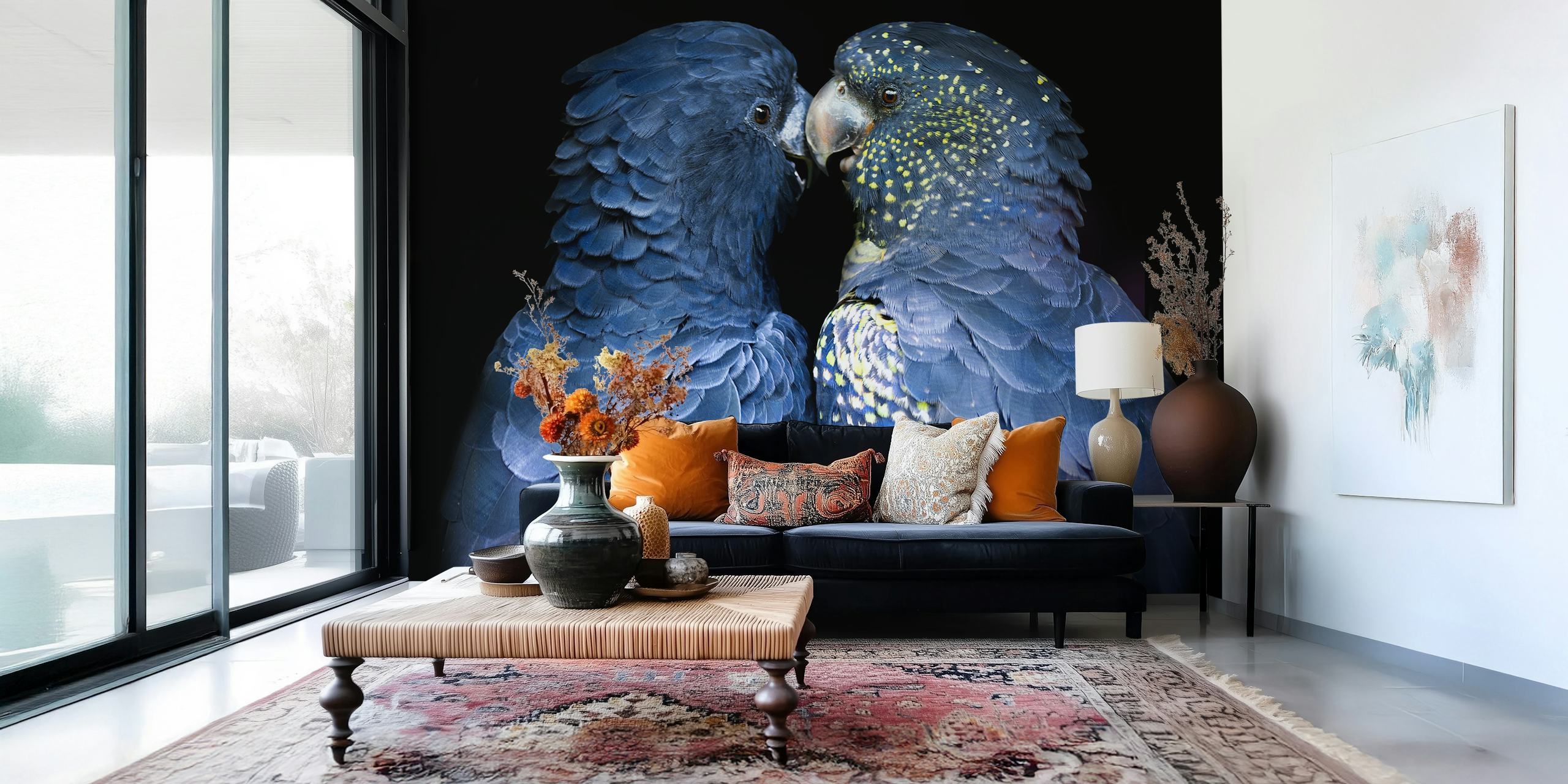 Two navy blue love birds close together with intricate feather detail wallpaper