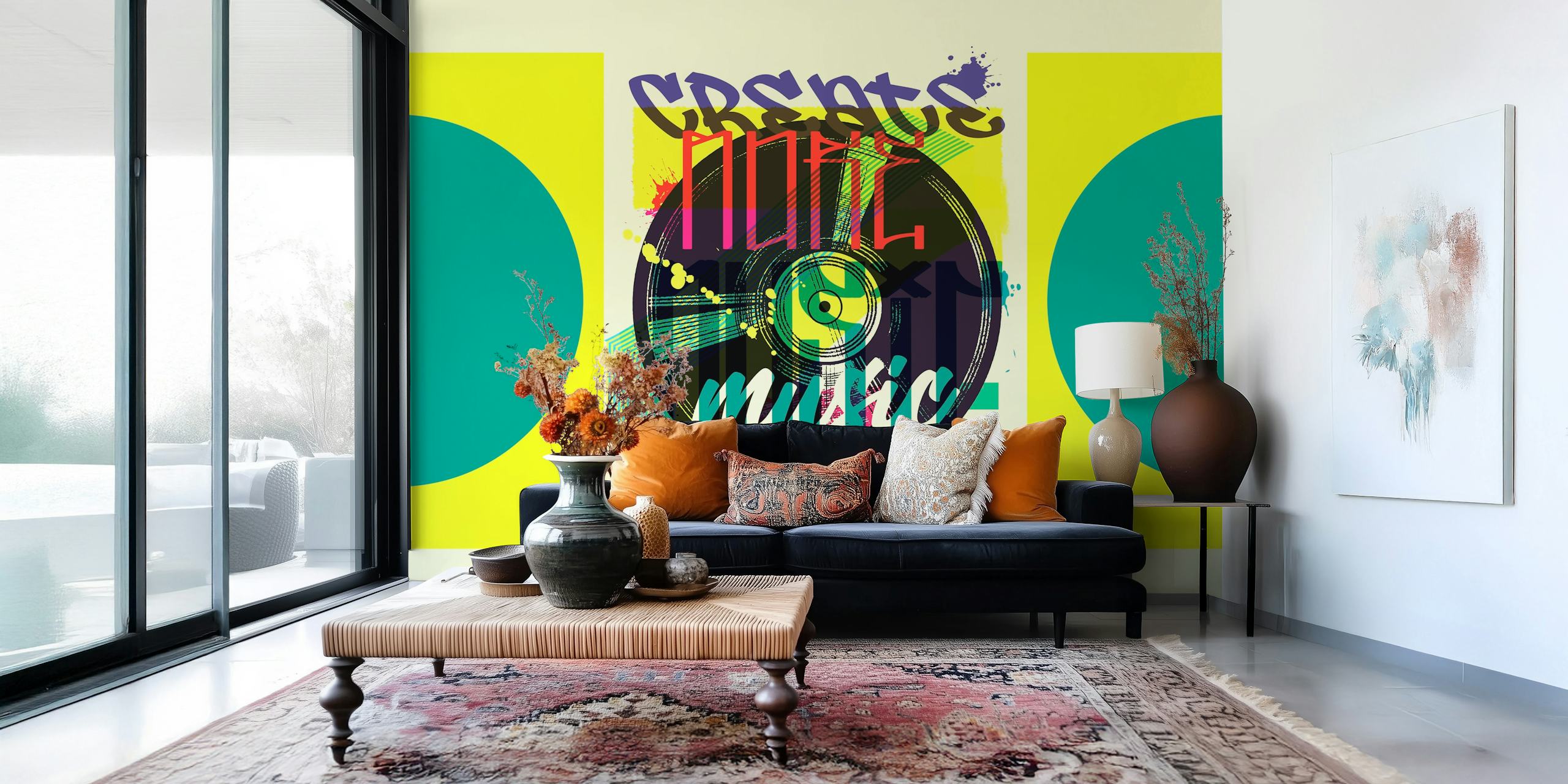 Colorful graffiti-style music-themed design with vinyl record on yellow background wallpaper