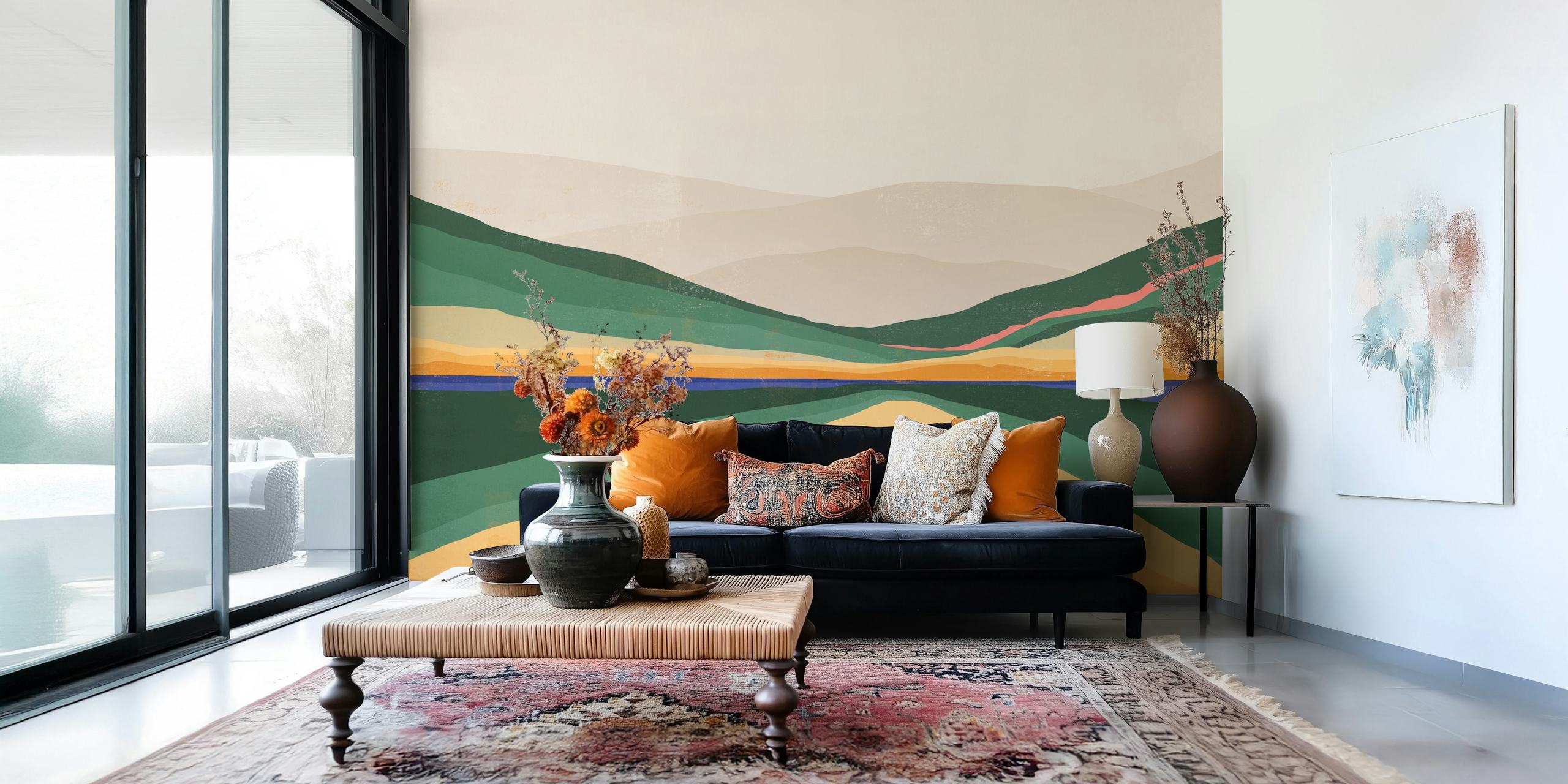 Abstract landscape wall mural with colorful rolling hills and serene lake