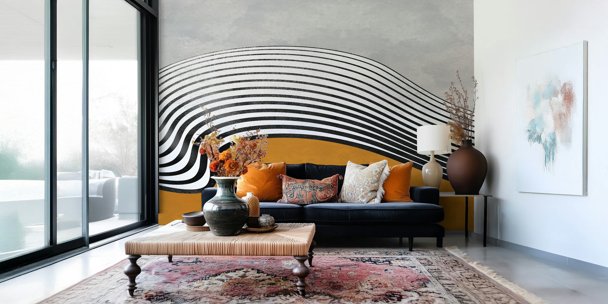 Carta da parati moderna Wave Ocher in una stanza elegante