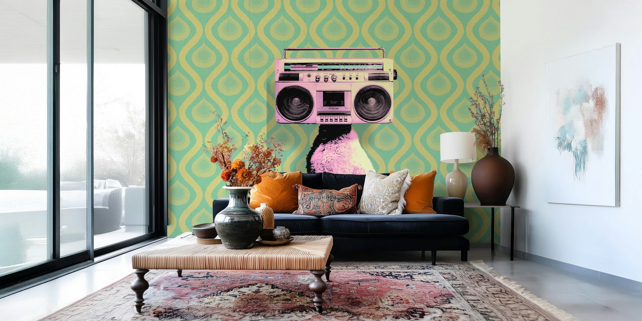 Retro dog with a boombox on a green chevron wallpaper