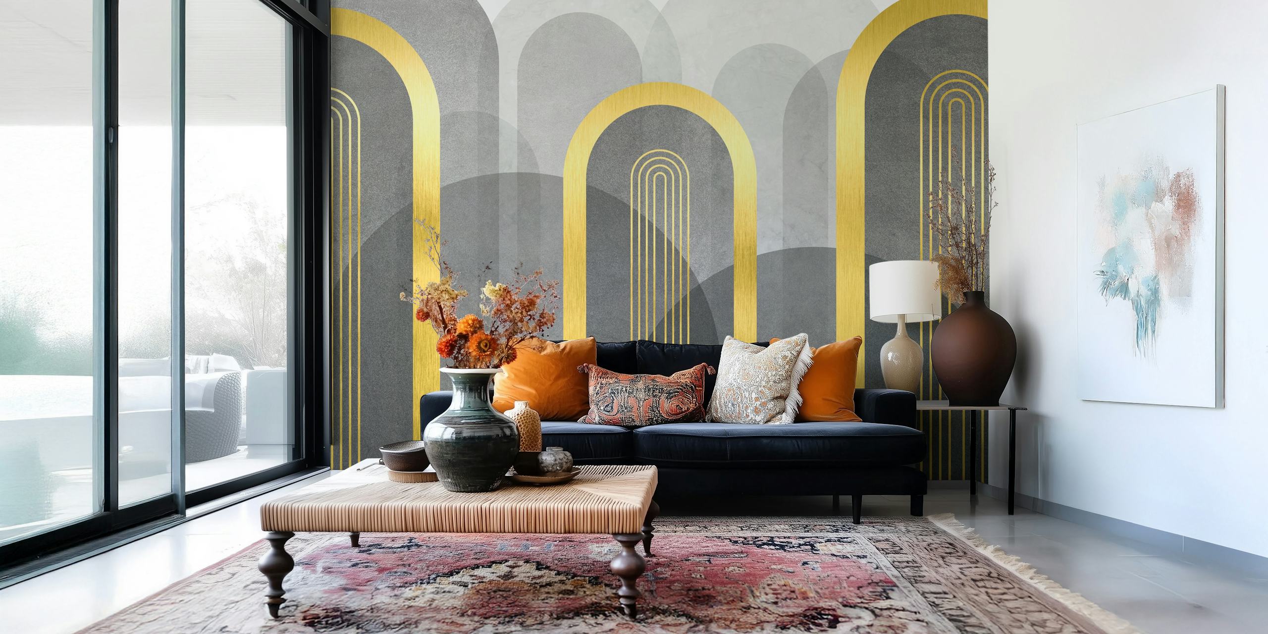 Gold arches and grey curved shapes wall mural