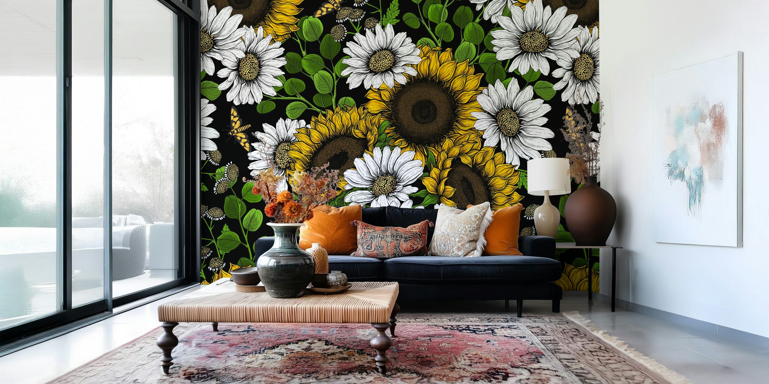 Sunflowers and daisies tapetti huoneessa