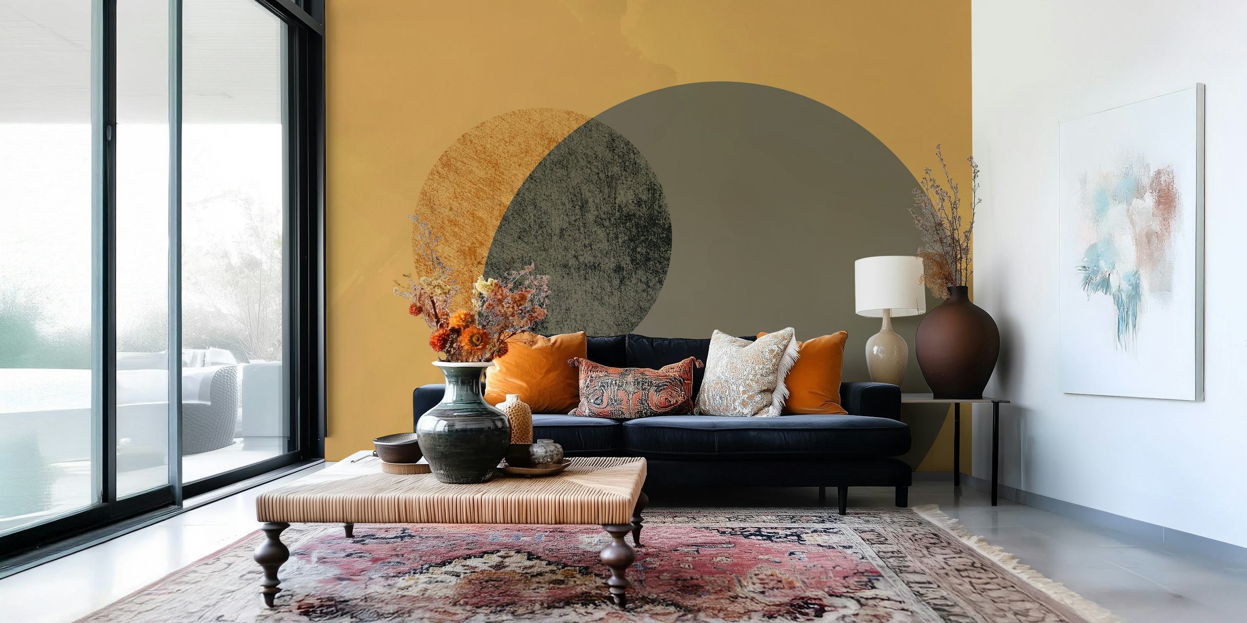 Eclipse wall mural with abstract celestial design featuring golden beige and grey tones