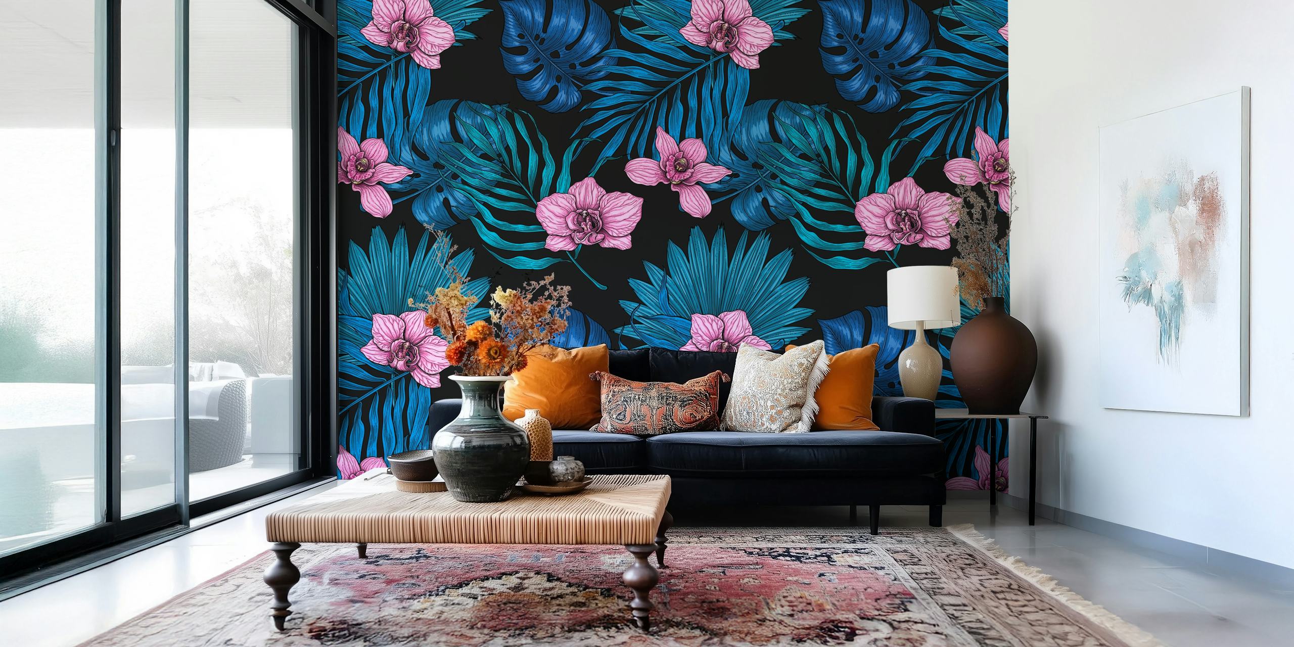 Orchids and palm leaves in pink and blue tones wallpaper