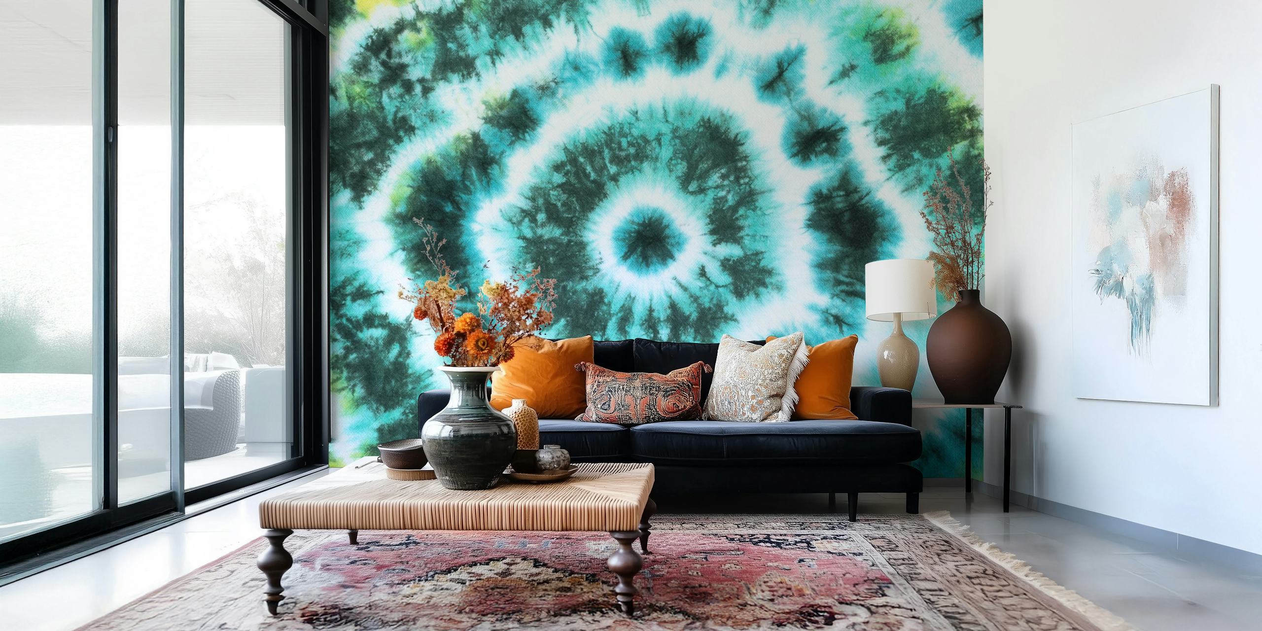 Green tie dye wallpaper design in a room