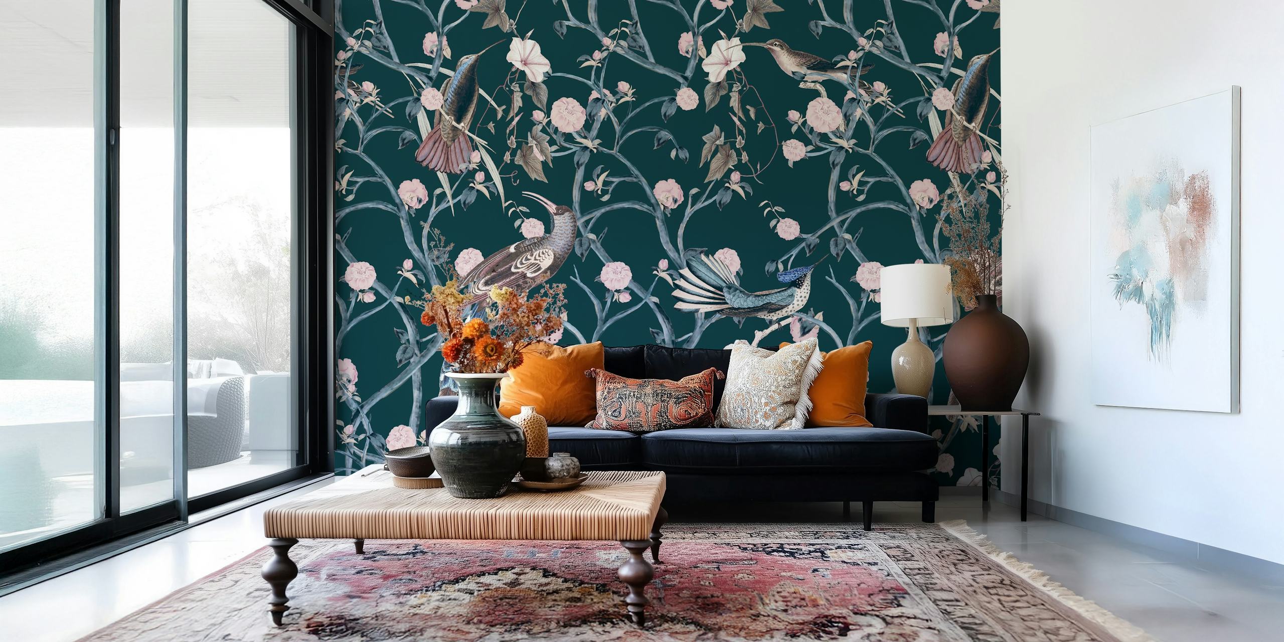 Chinoiserie bird and floral wallpaper in dark green tones