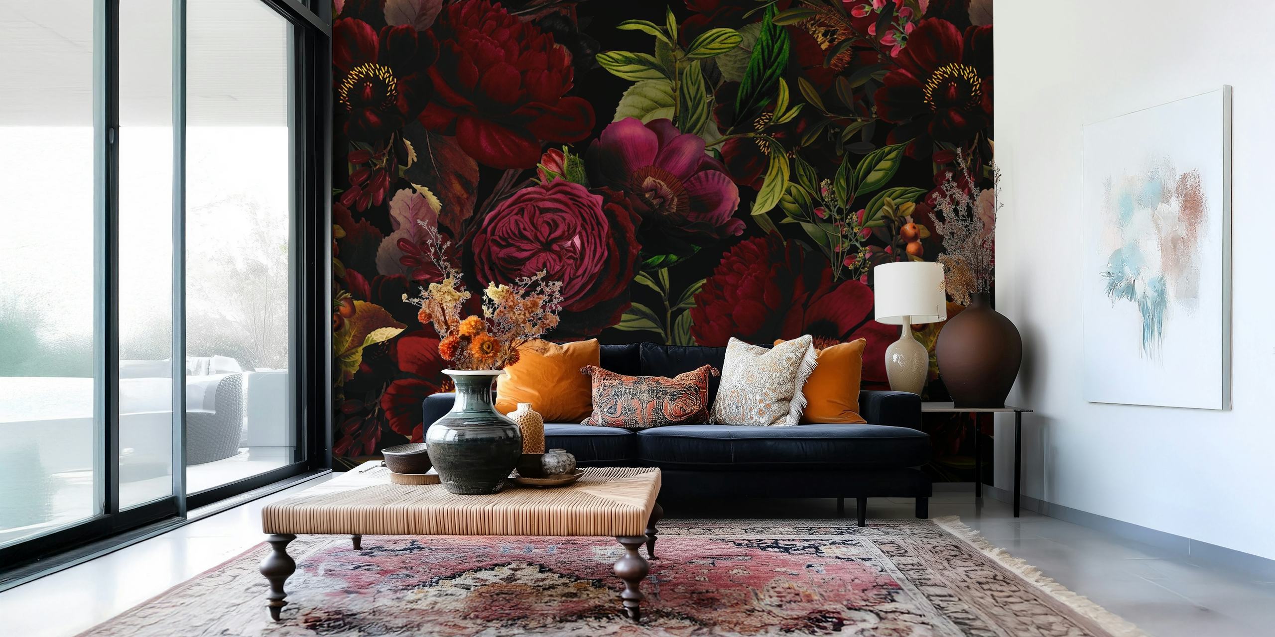 Dark floral wallpaper featuring red roses and green foliage