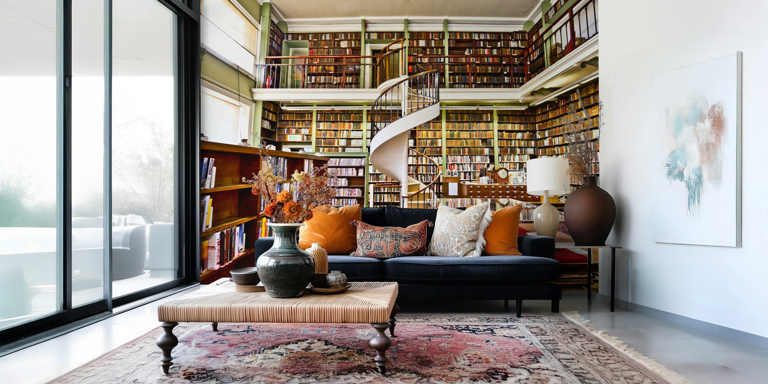 Fototapet av ett mysigt bibliotek med bokhyllor och en spiraltrappa