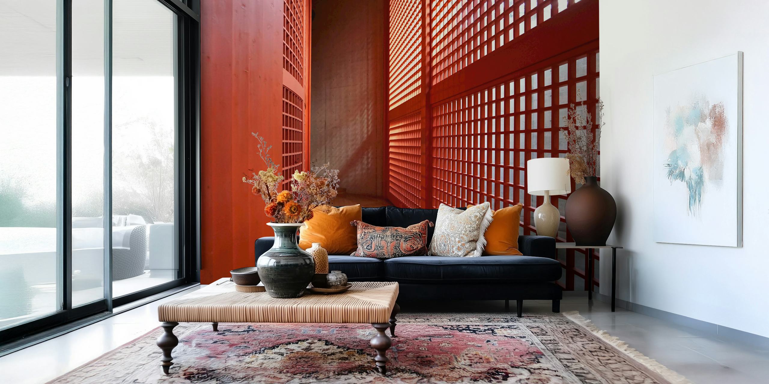 Bright red lattice pattern with wooden accents wallpaper