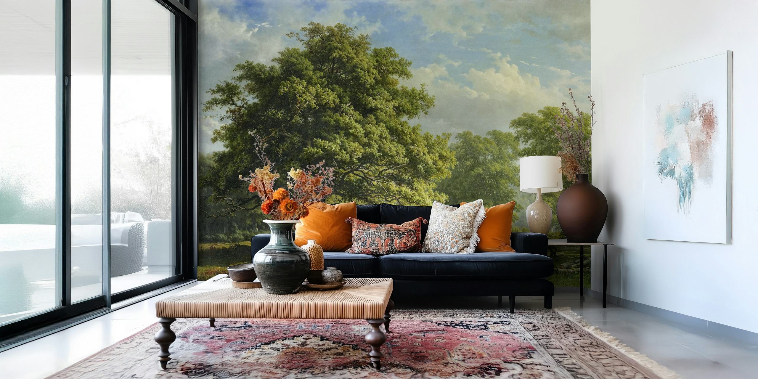 Antique landscape wallpaper showing horses, trees, and blue sky